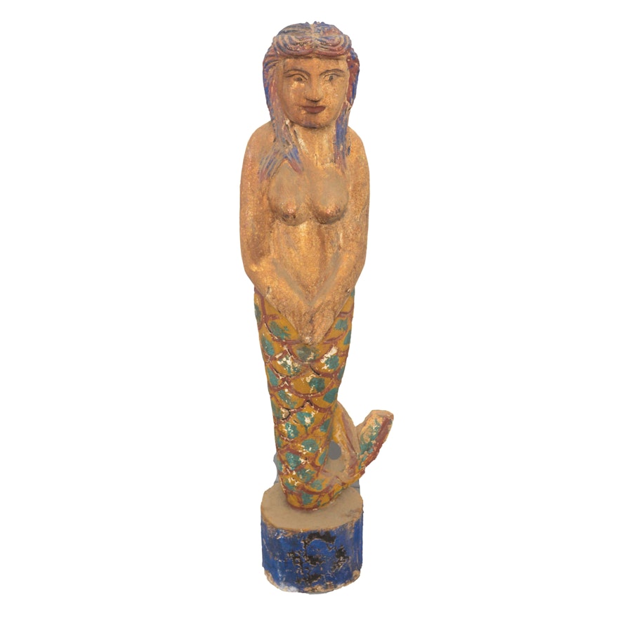 Hand-Carved Polychrome Wood Mermaid Sculpture
