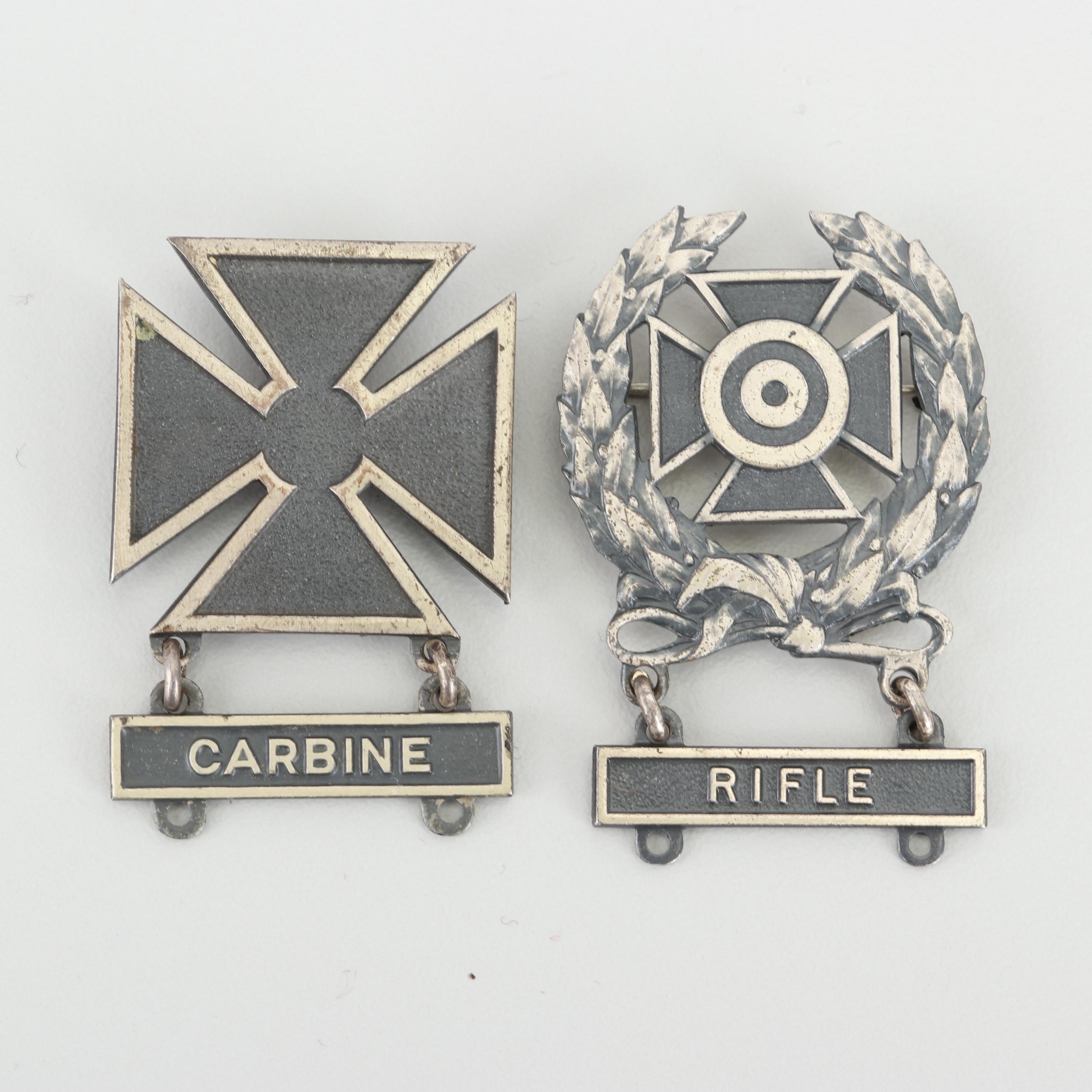 Vintage Military Sterling Silver "Rifle" and "Carbine" Marksman Pins