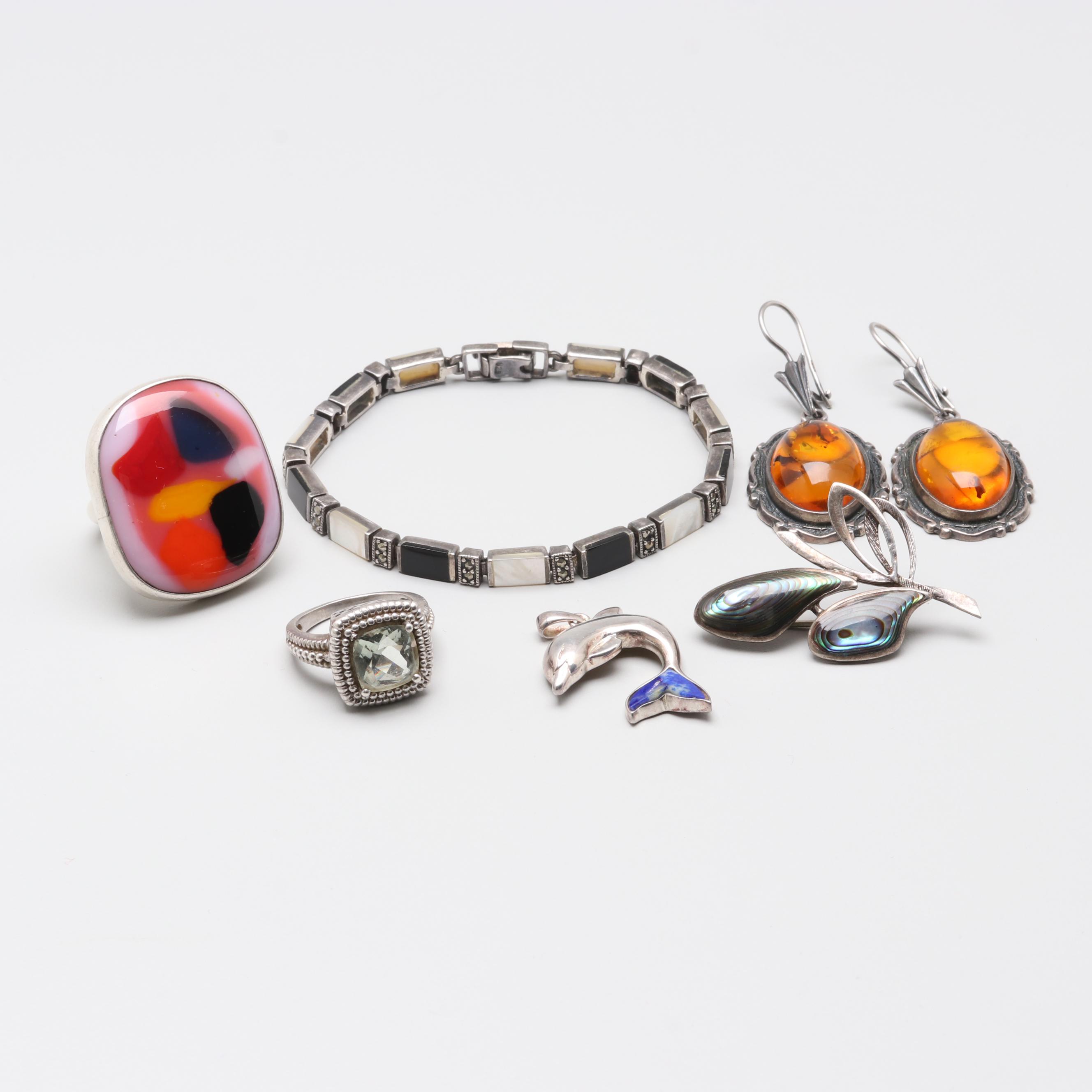 Sterling Silver Abalone, Amber and Mother of Pearl Jewelry Assortment