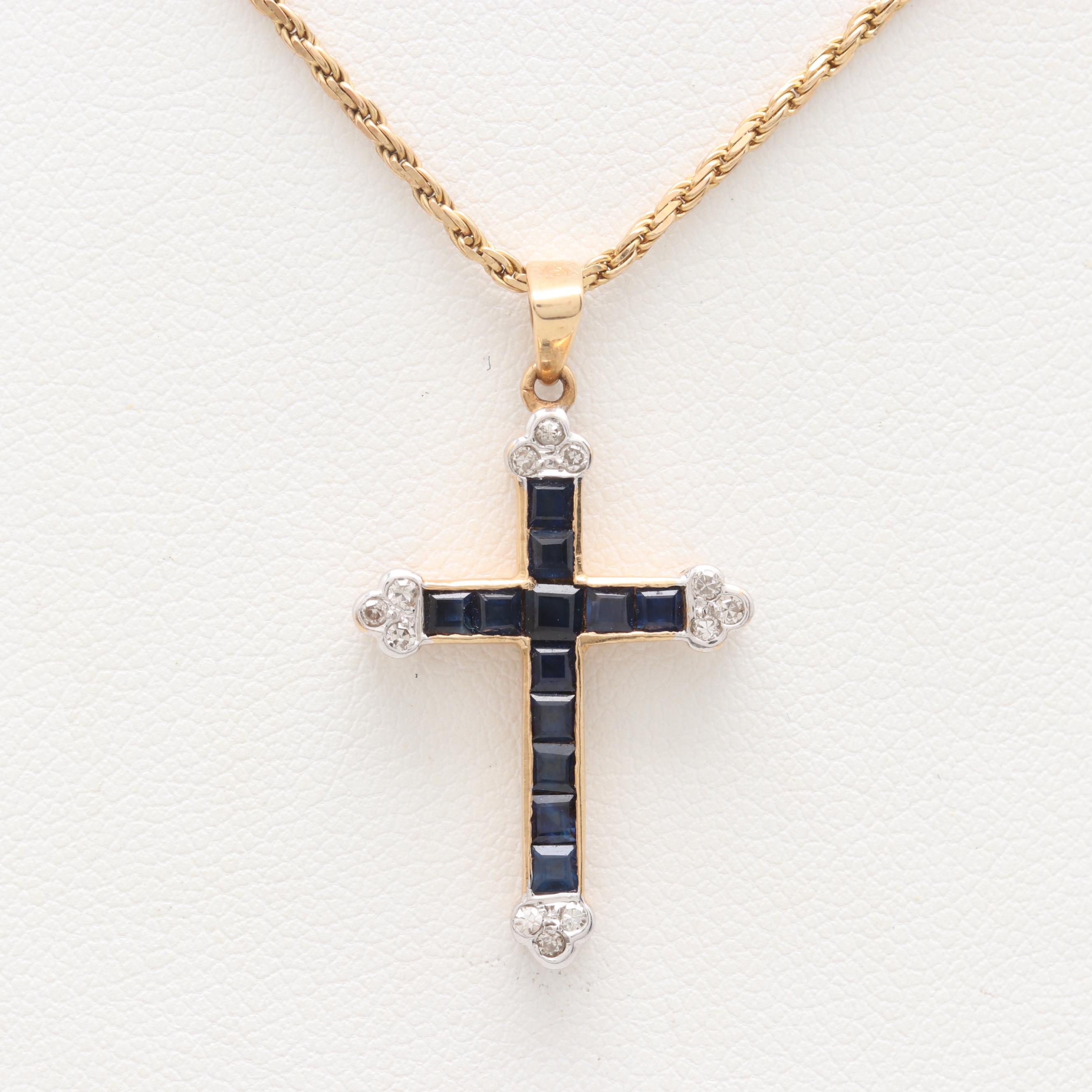 14K Yellow Gold Blue Sapphire and Diamond Cross Pendant Necklace