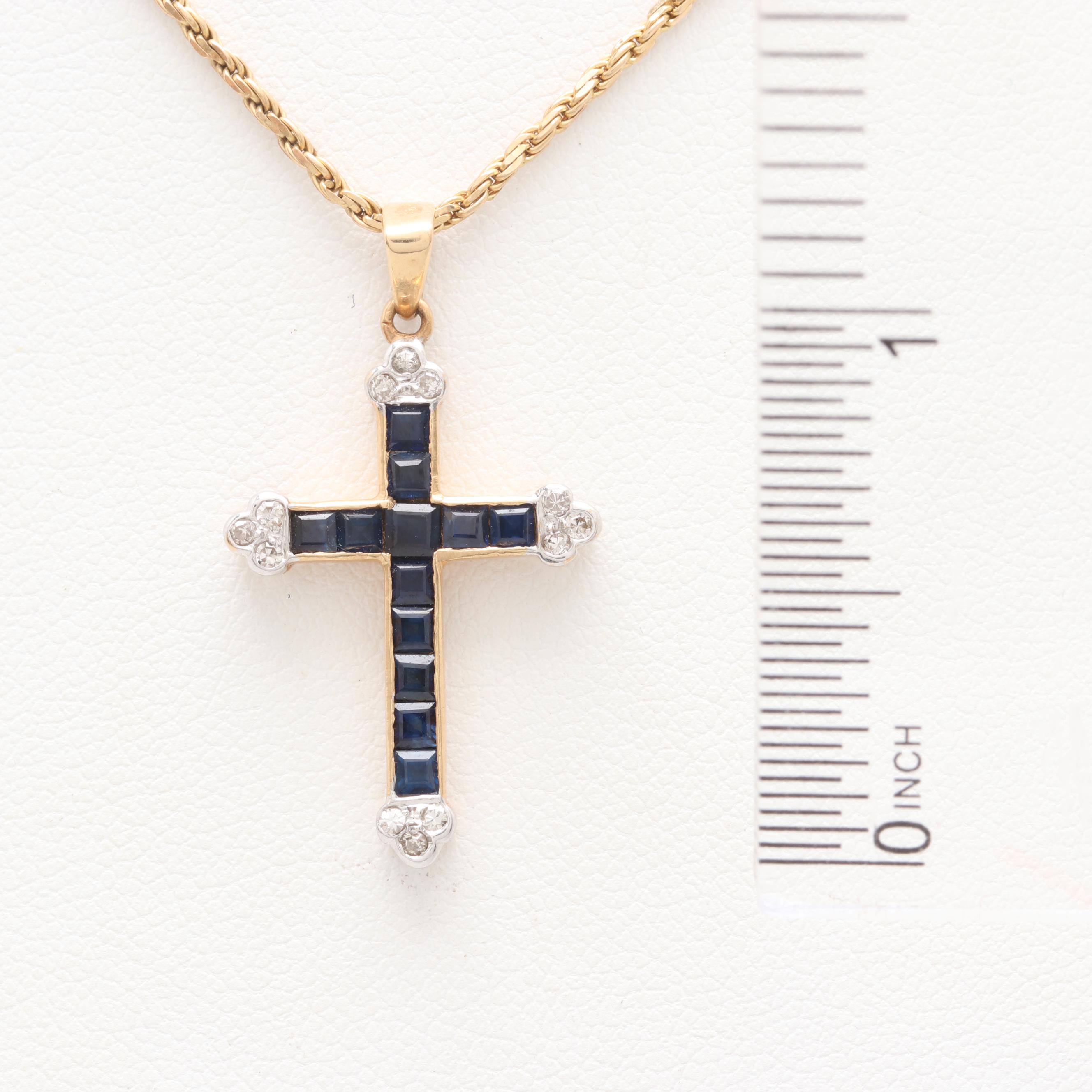 14K Yellow Gold Blue Sapphire and Diamond Cross Pendant Necklace