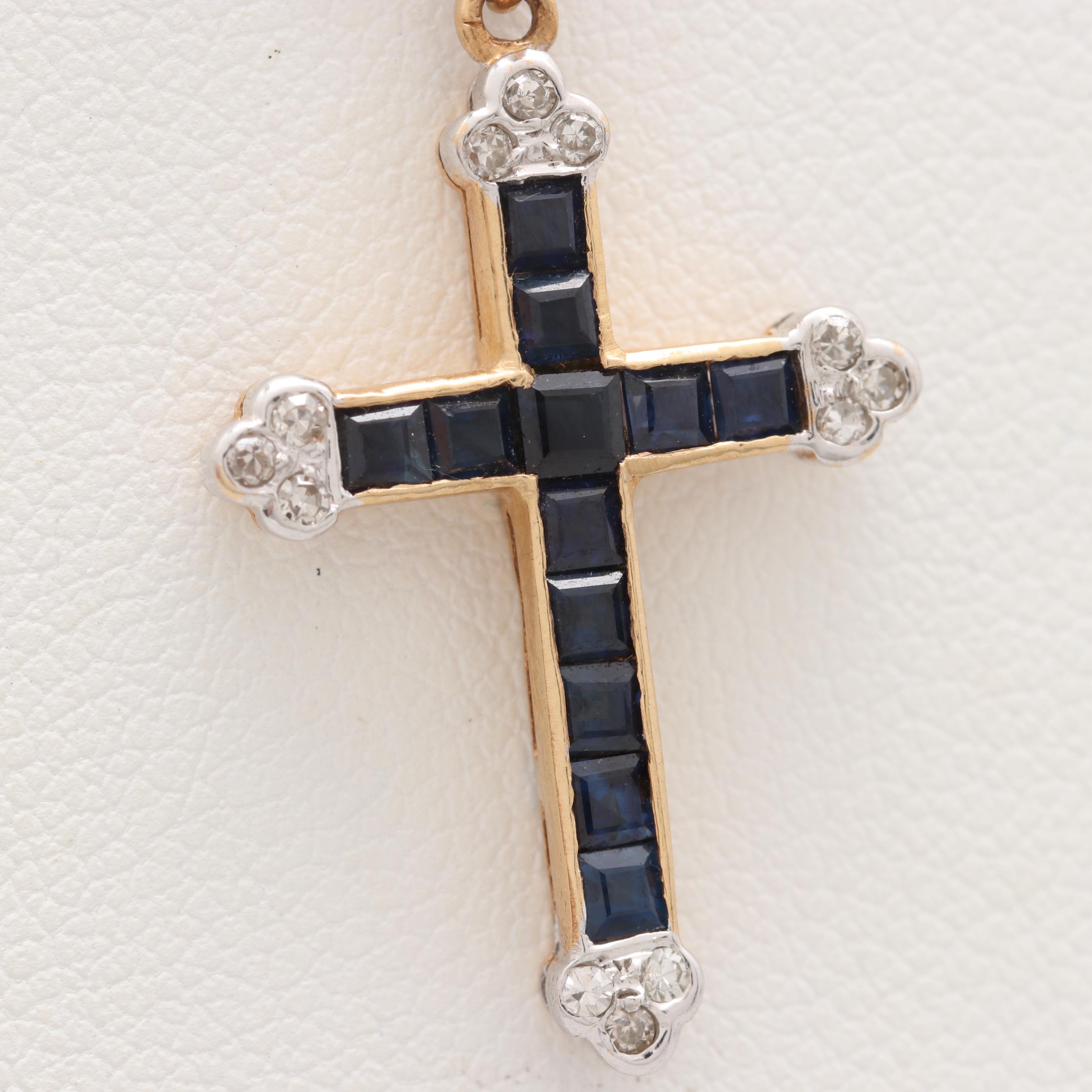 14K Yellow Gold Blue Sapphire and Diamond Cross Pendant Necklace