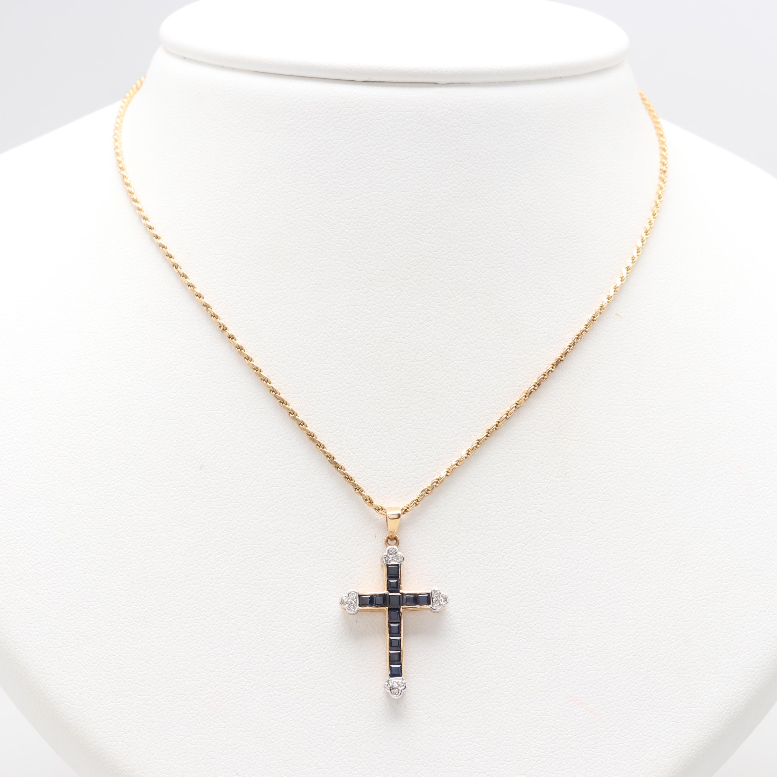 14K Yellow Gold Blue Sapphire and Diamond Cross Pendant Necklace