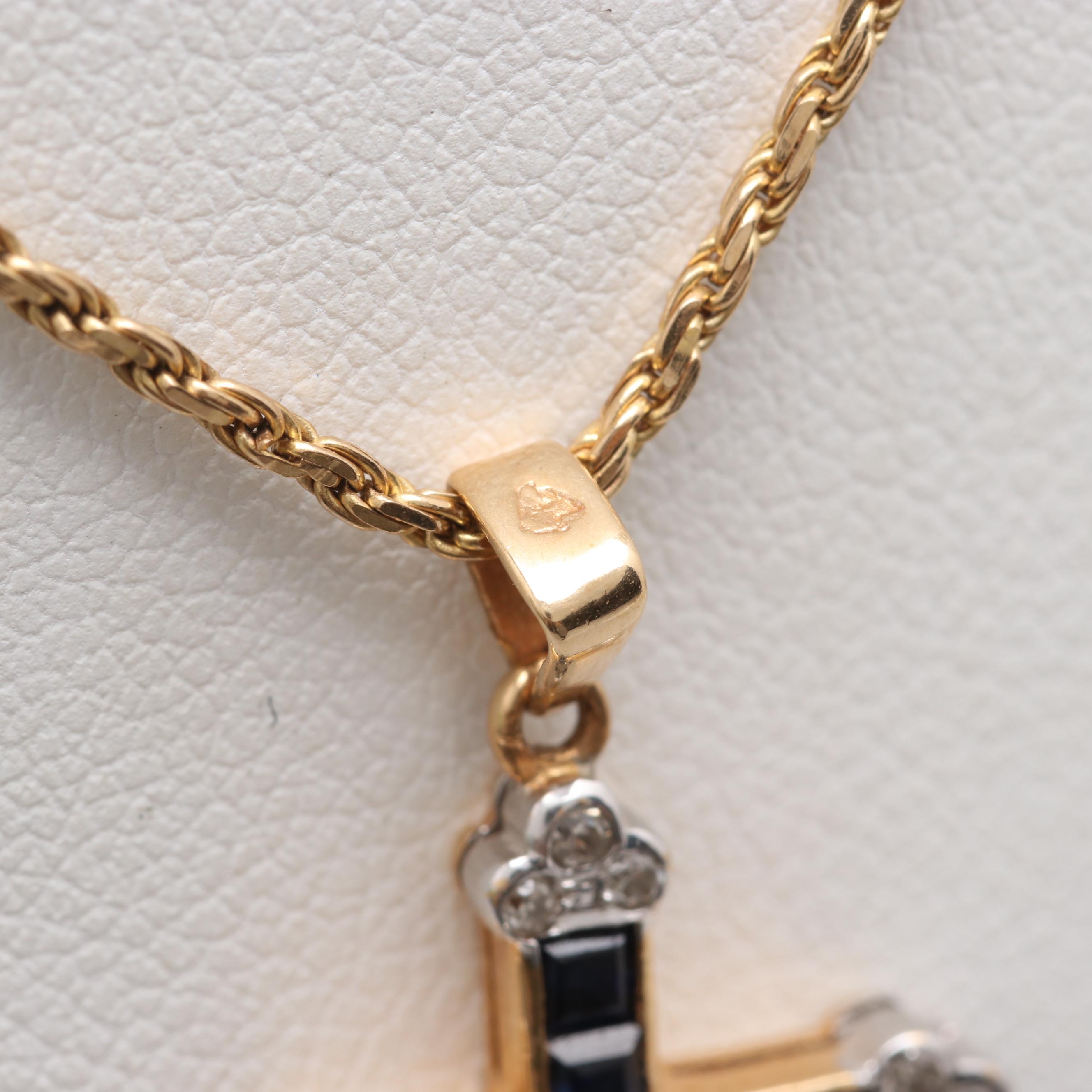 14K Yellow Gold Blue Sapphire and Diamond Cross Pendant Necklace
