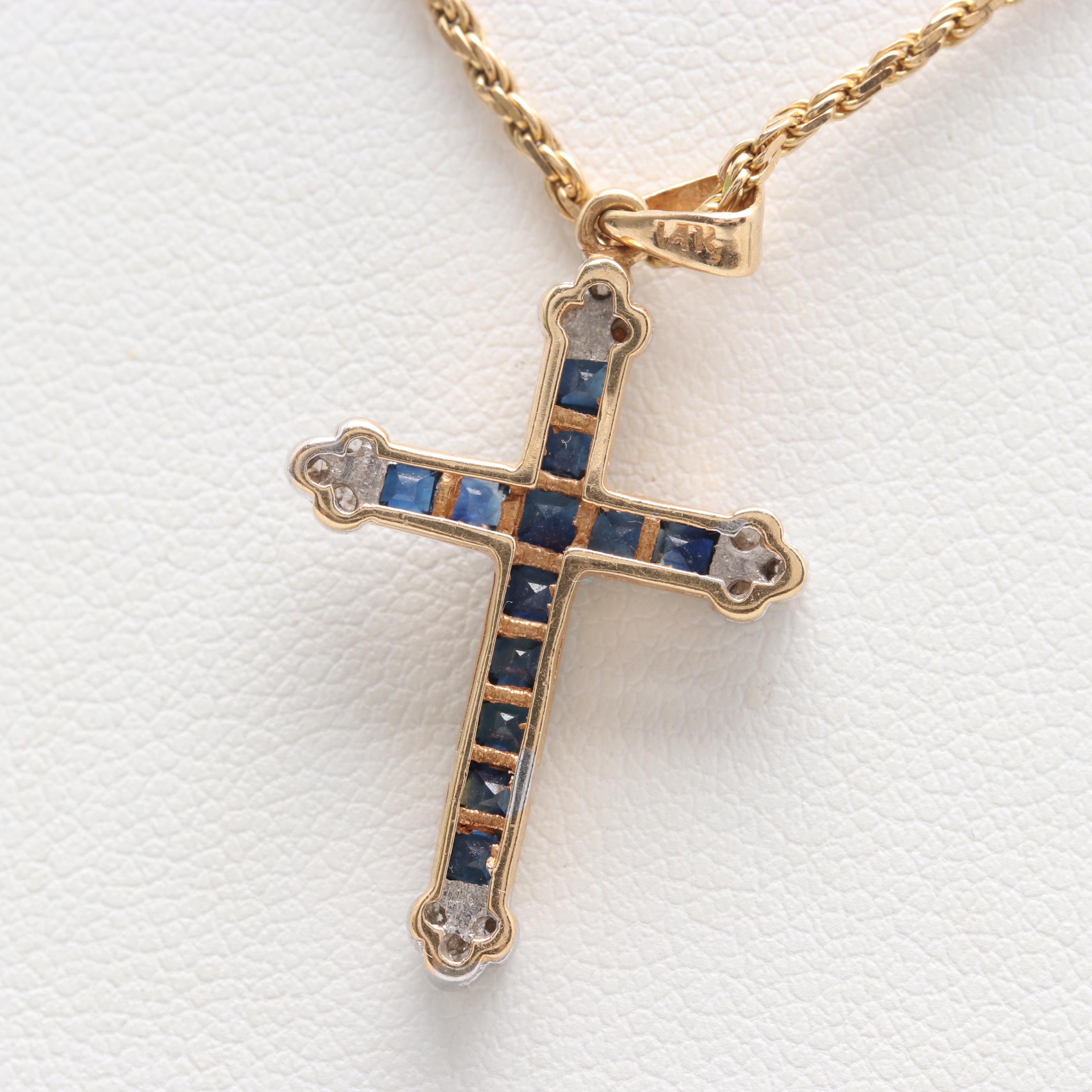14K Yellow Gold Blue Sapphire and Diamond Cross Pendant Necklace
