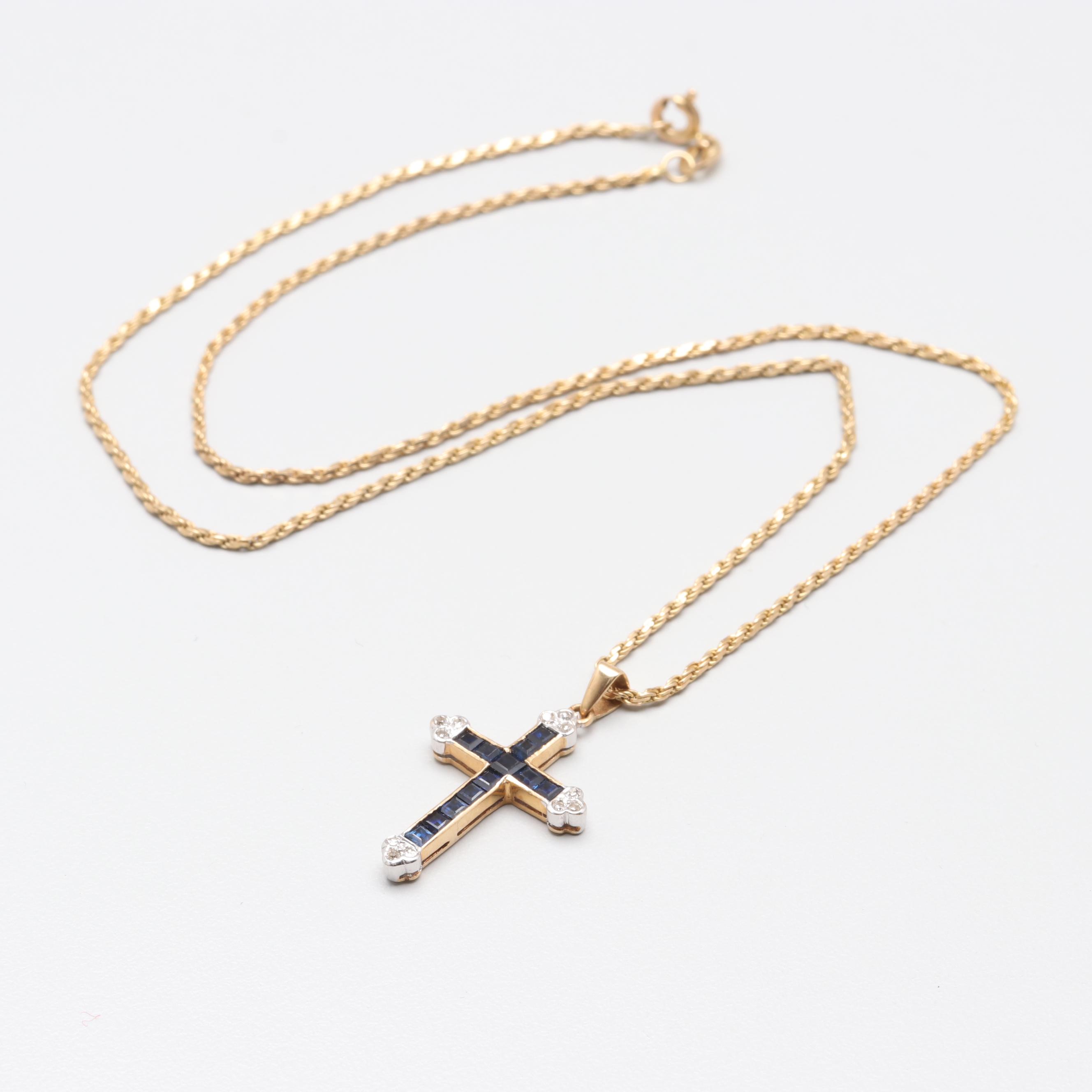 14K Yellow Gold Blue Sapphire and Diamond Cross Pendant Necklace