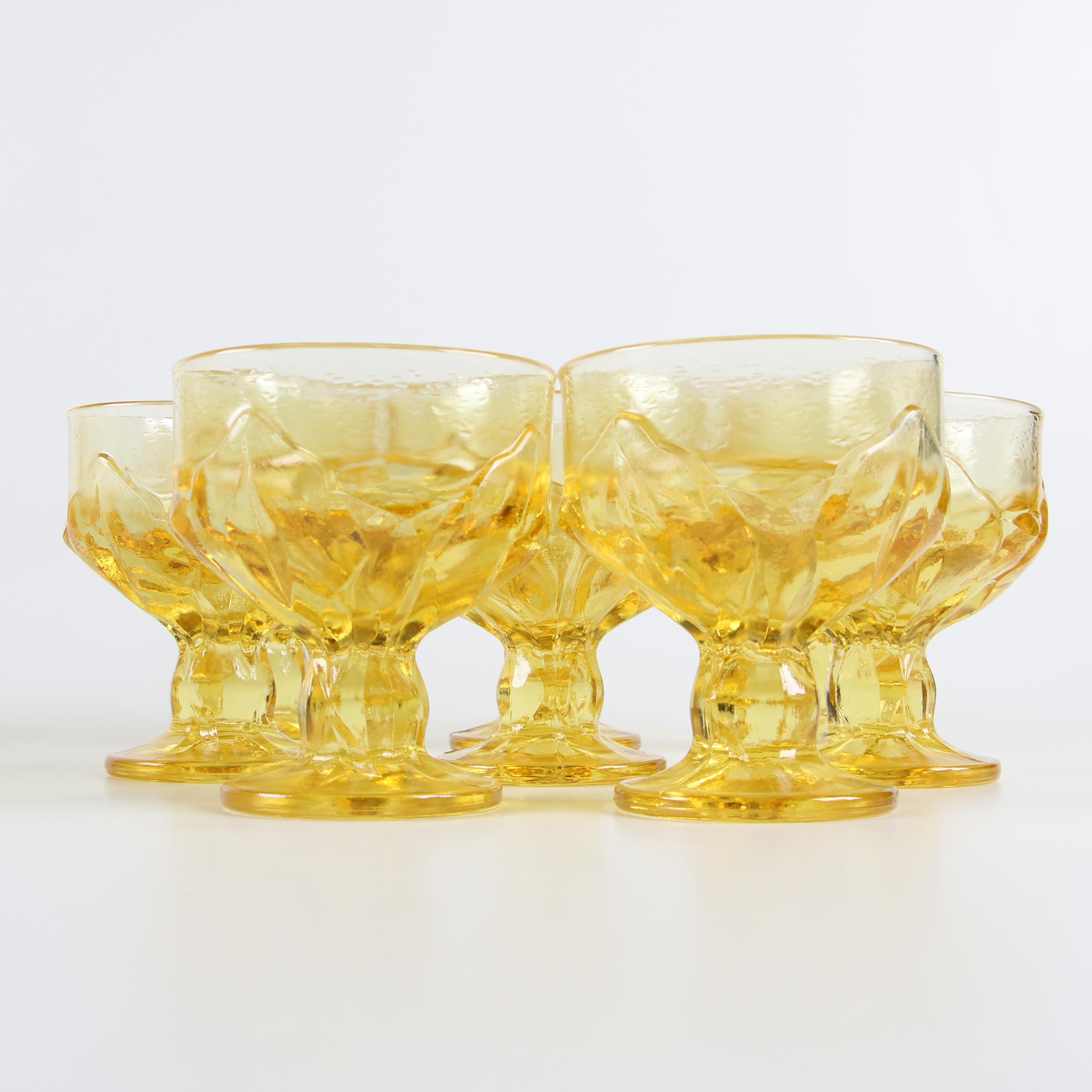 Vintage Amber Glass Goblets with Embossed Leaf Motif