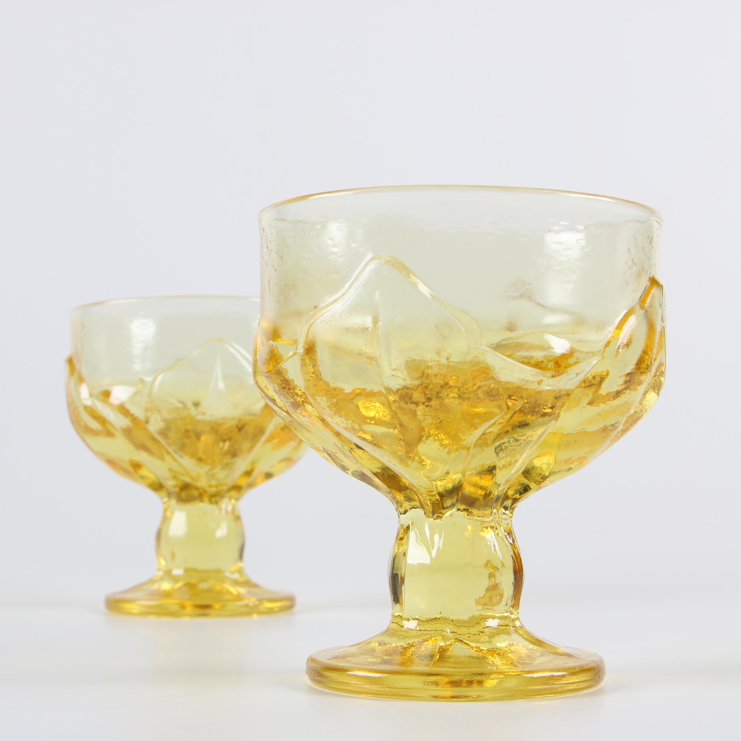 Vintage Amber Glass Goblets with Embossed Leaf Motif