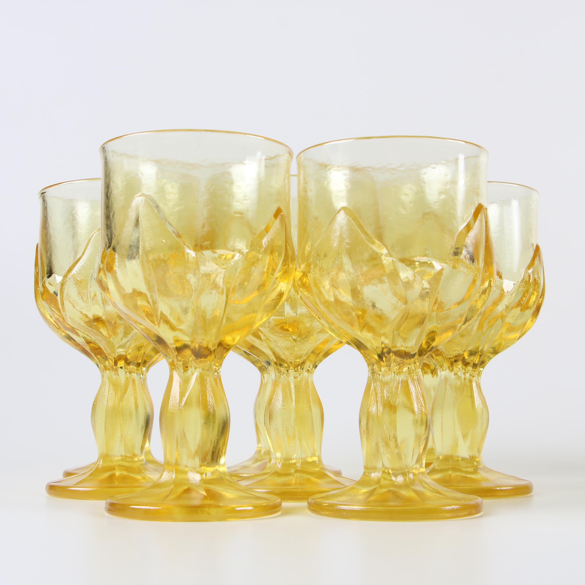 Vintage Amber Glass Goblets with Embossed Leaf Motif