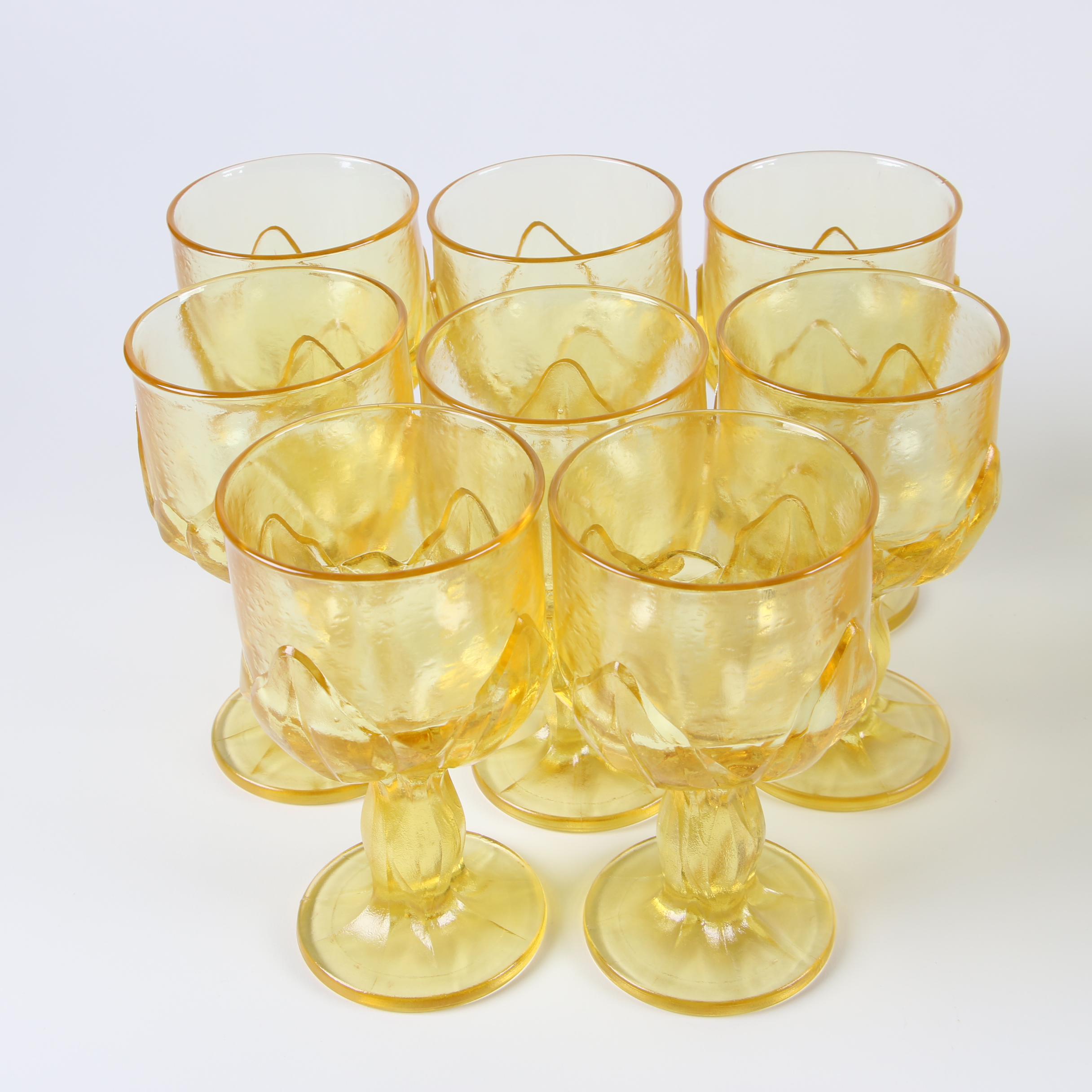 Vintage Amber Glass Goblets with Embossed Leaf Motif