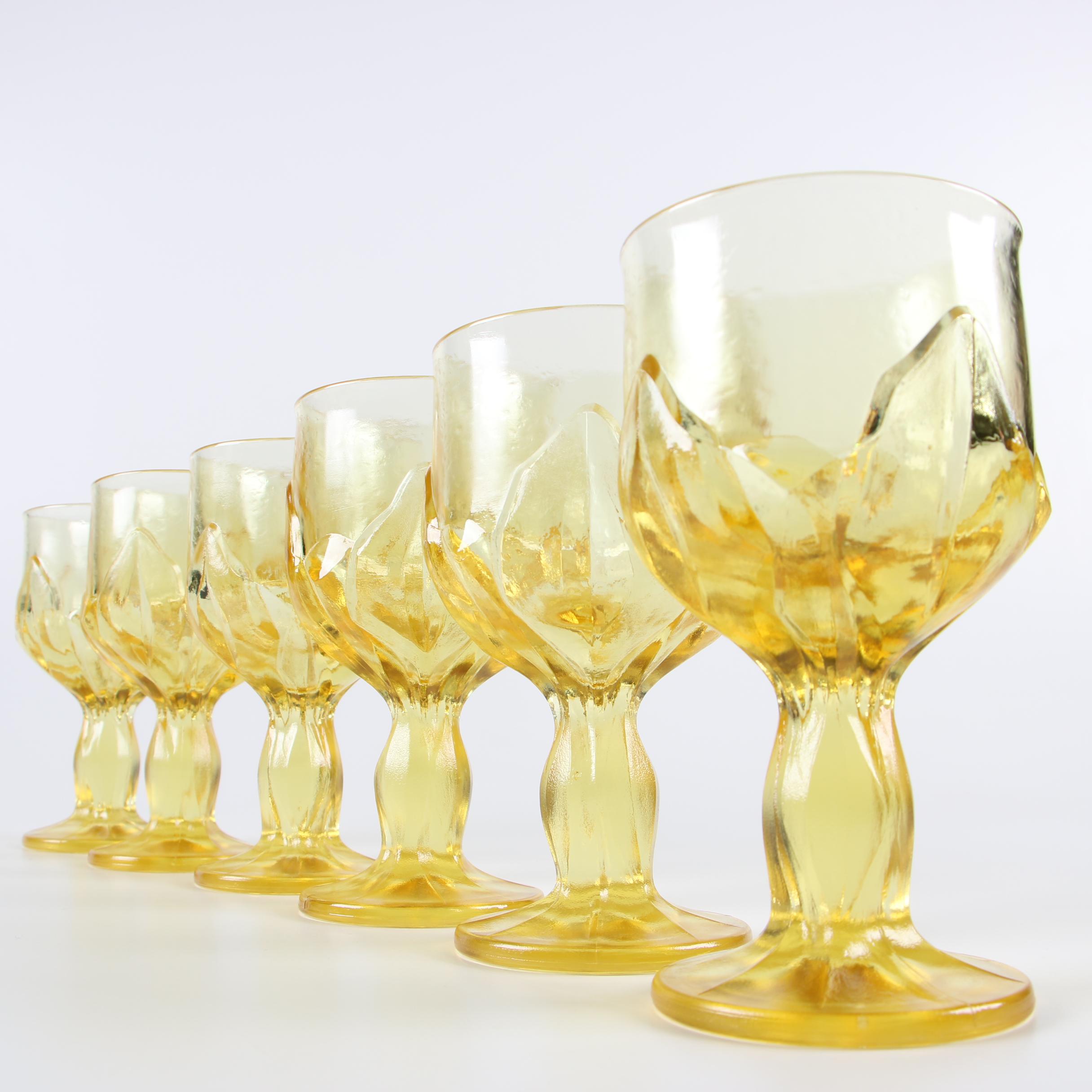 Vintage Amber Glass Goblets with Embossed Leaf Motif