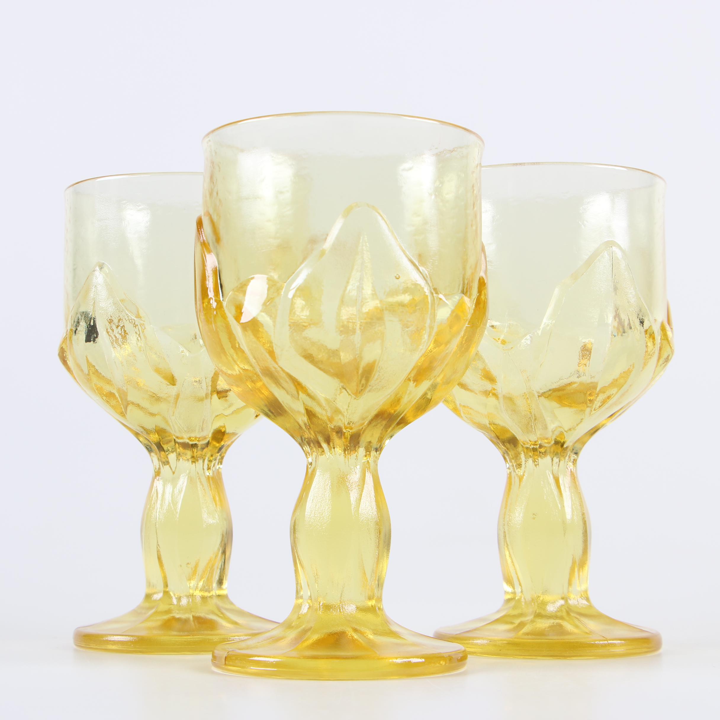 Vintage Amber Glass Goblets with Embossed Leaf Motif