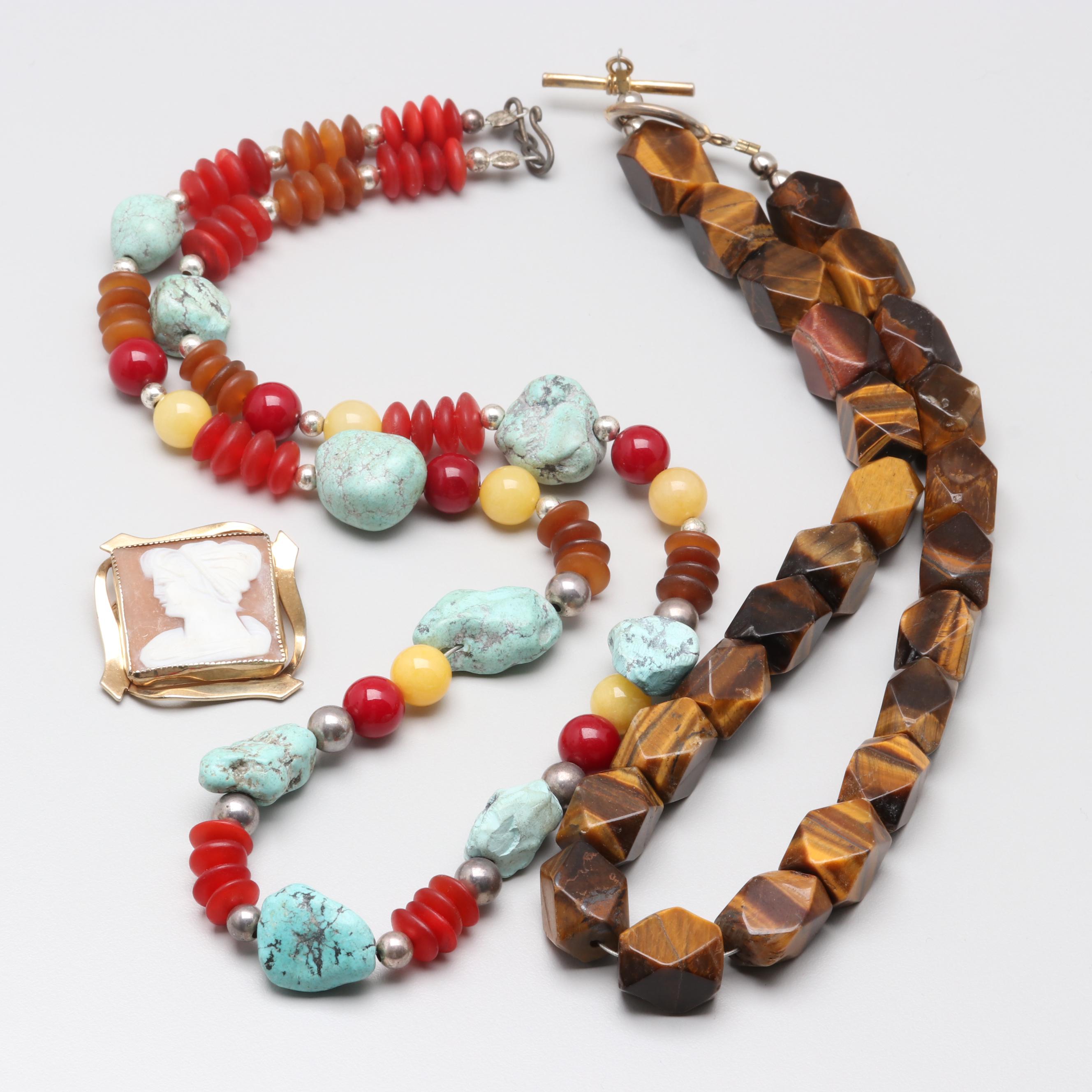 Costume Tiger's Eye, Howlite and ShellNecklace and Brooch Selection
