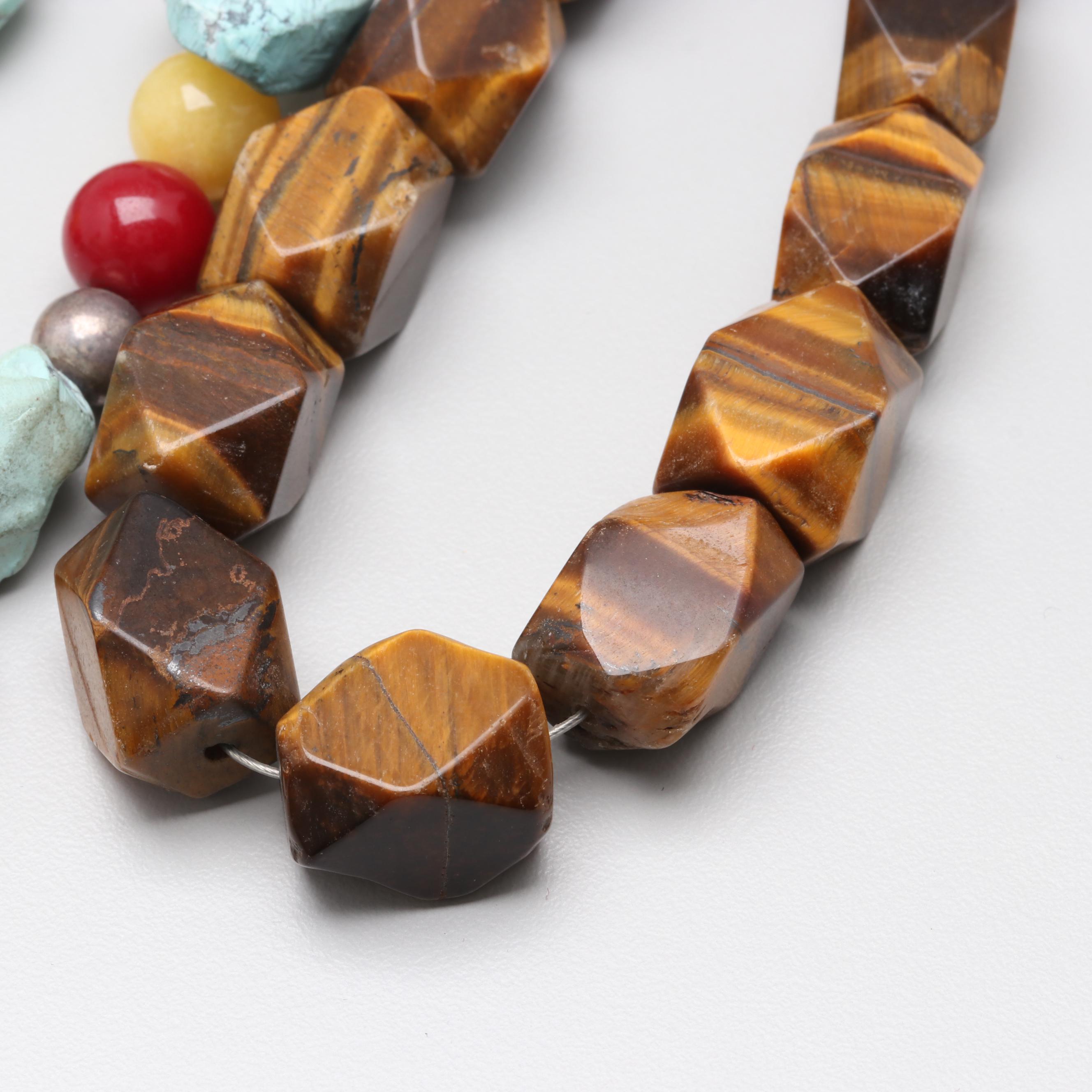 Costume Tiger's Eye, Howlite and ShellNecklace and Brooch Selection