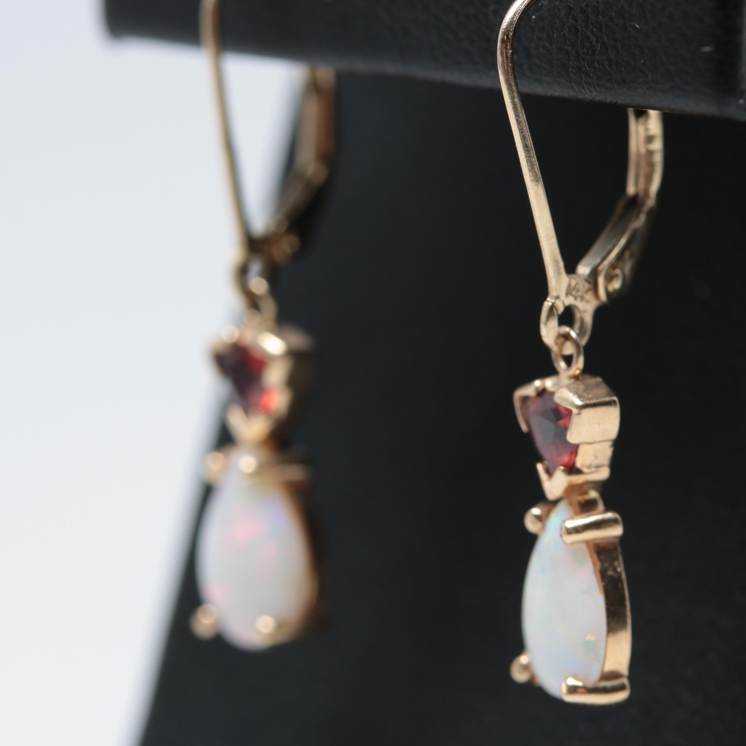 14K Yellow Gold Opal and Garnet Dangle Leverback Earrings