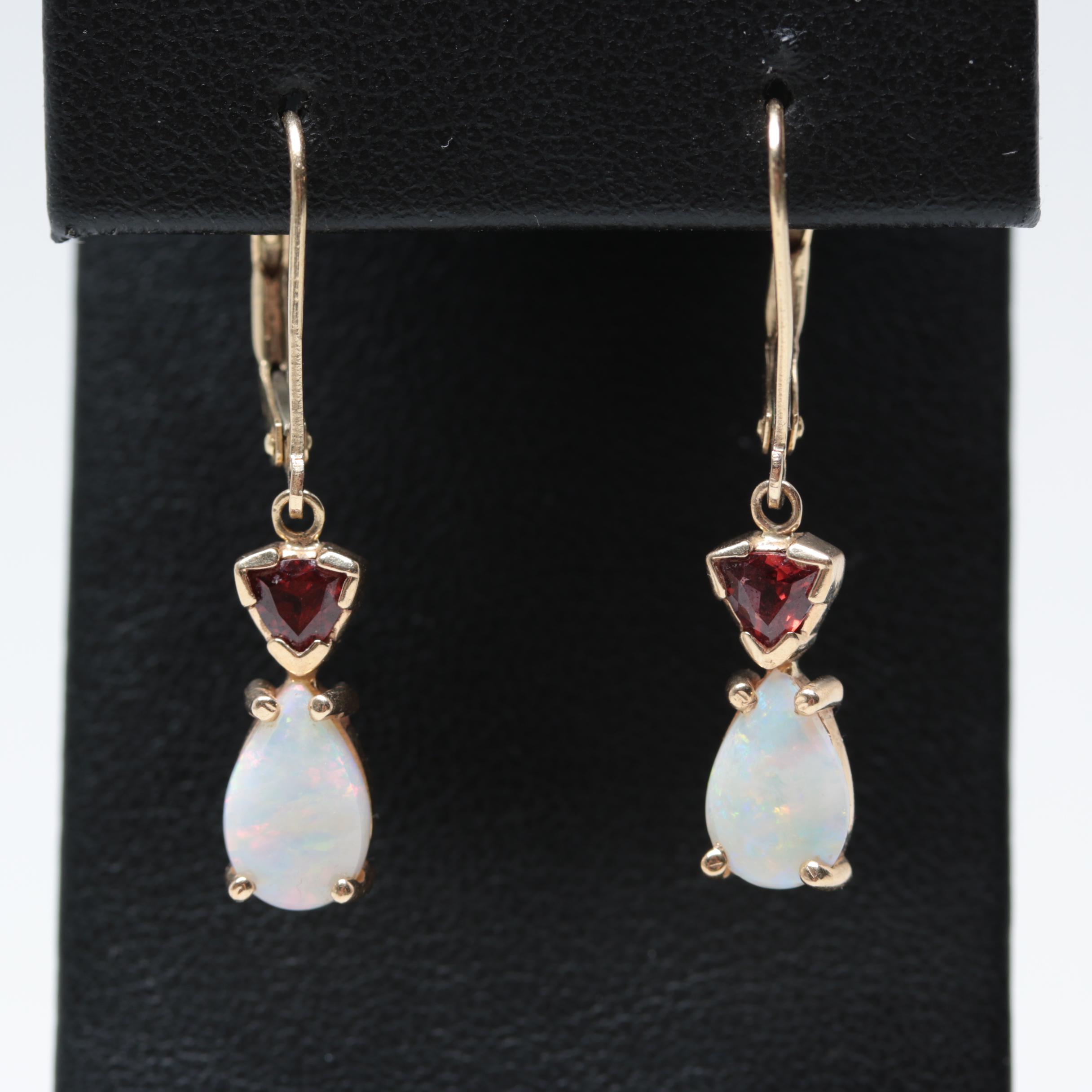 14K Yellow Gold Opal and Garnet Dangle Leverback Earrings