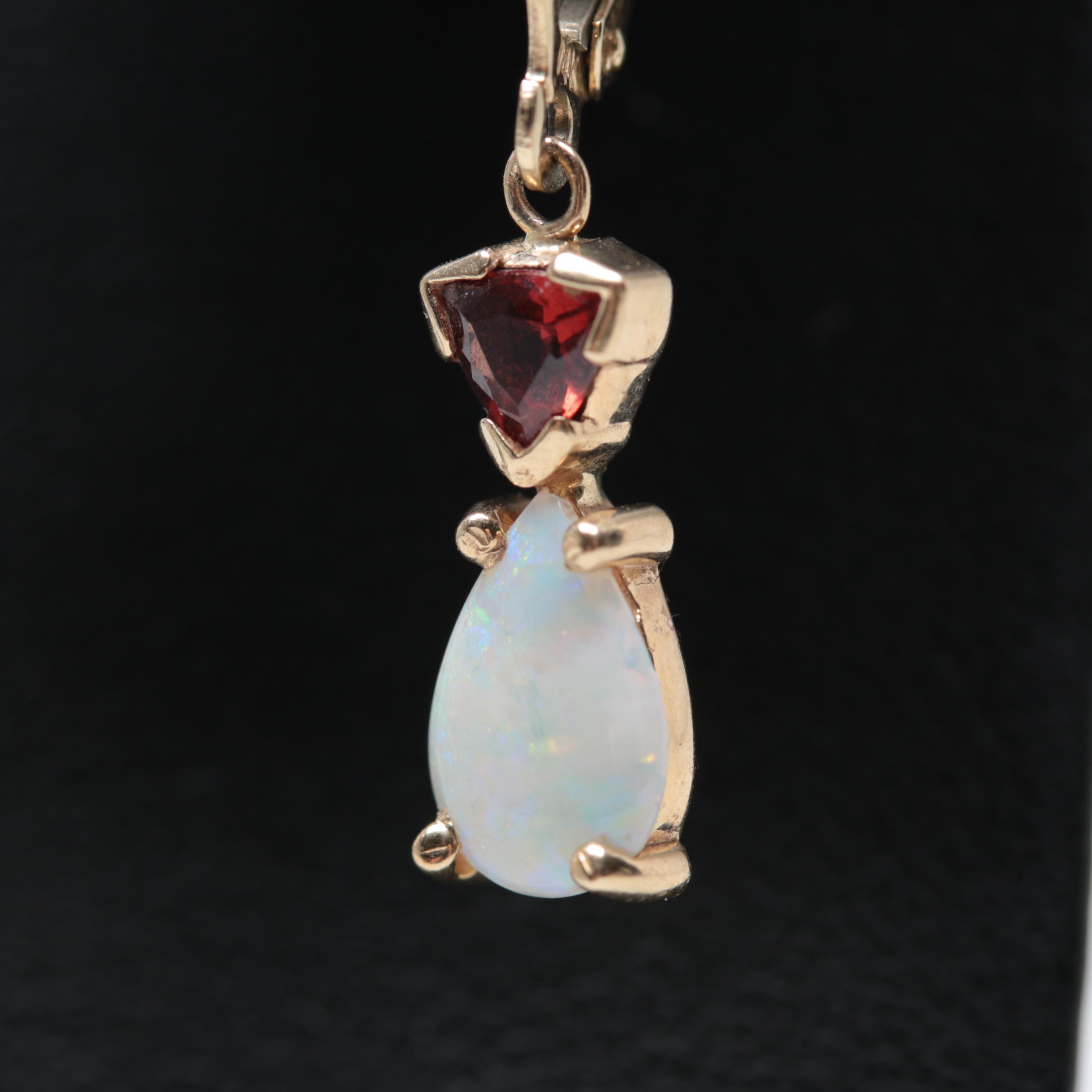 14K Yellow Gold Opal and Garnet Dangle Leverback Earrings