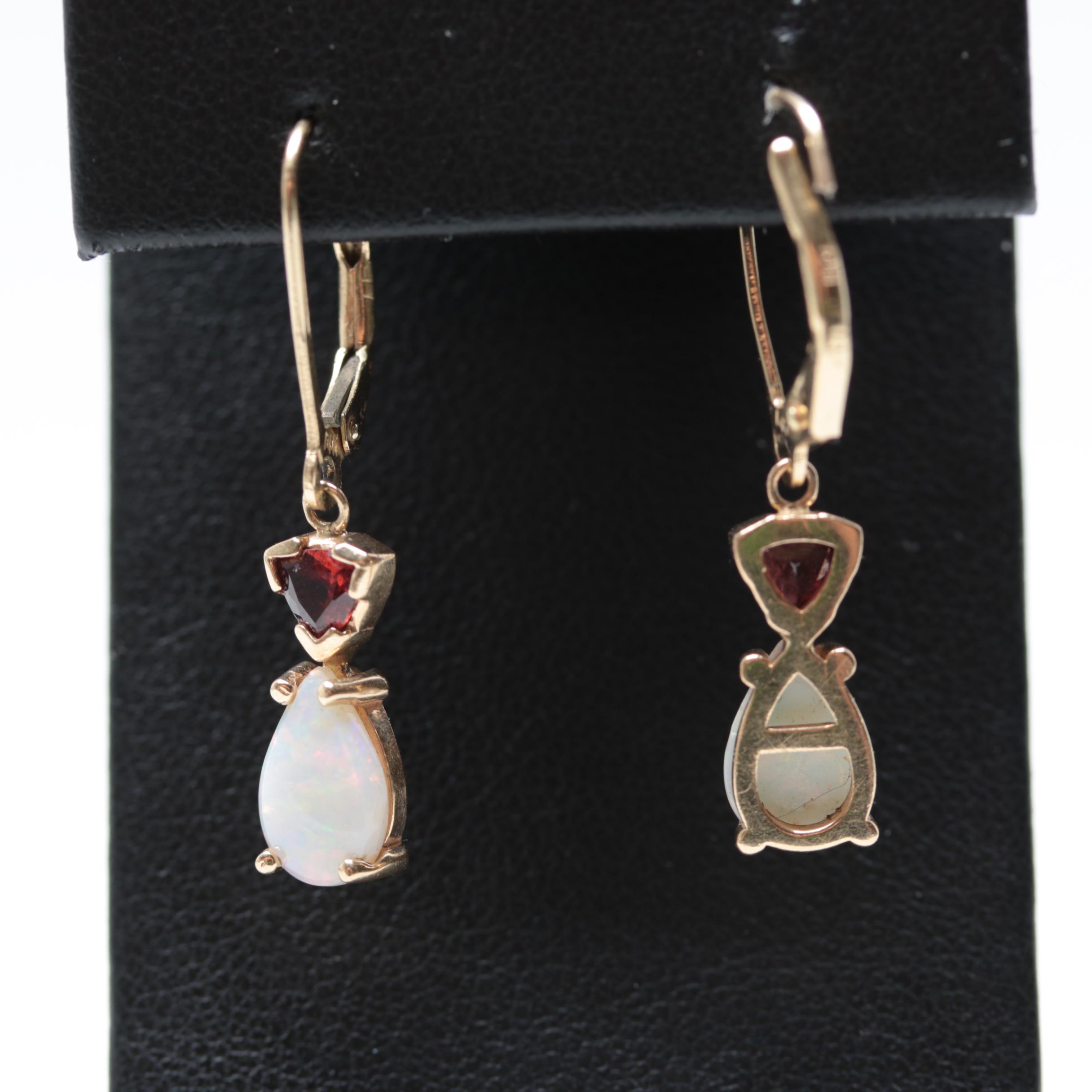 14K Yellow Gold Opal and Garnet Dangle Leverback Earrings