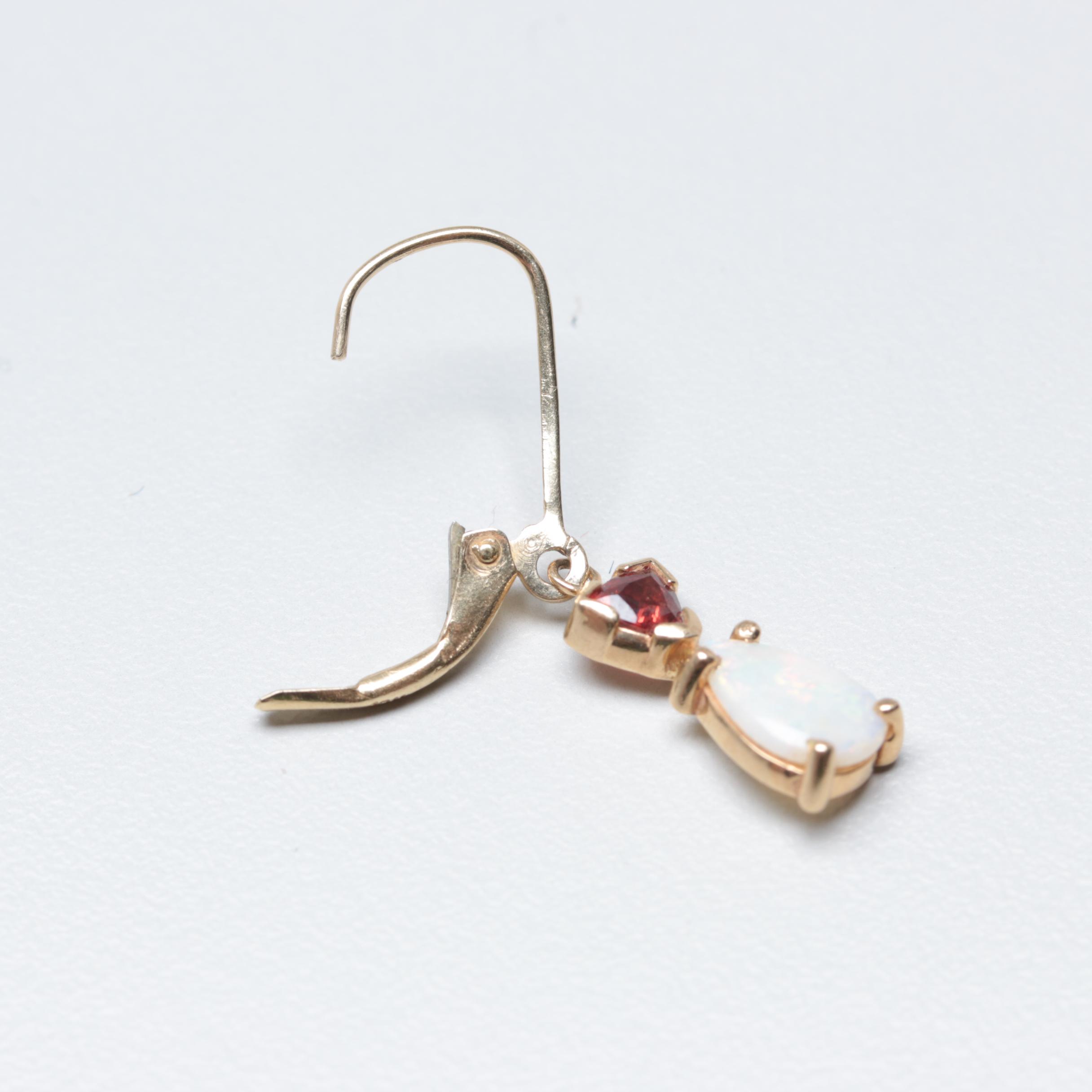 14K Yellow Gold Opal and Garnet Dangle Leverback Earrings
