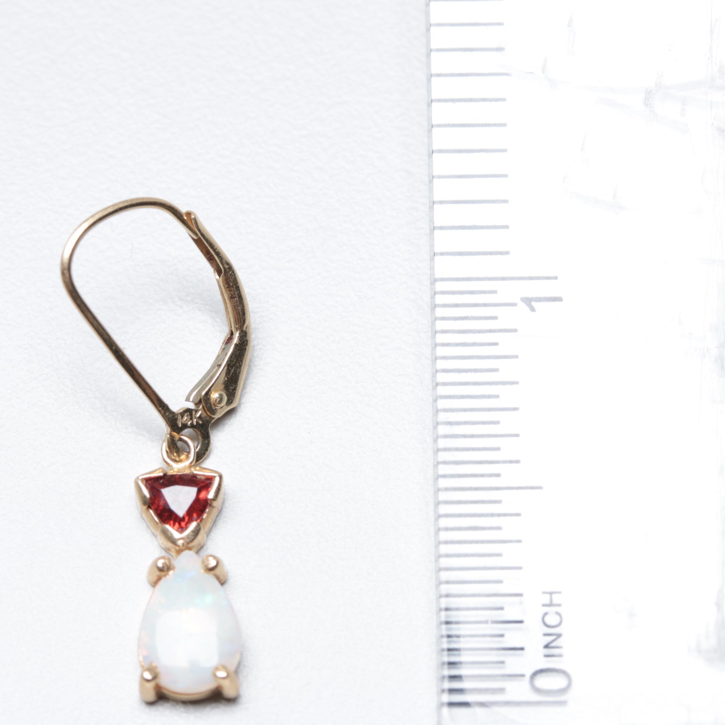 14K Yellow Gold Opal and Garnet Dangle Leverback Earrings
