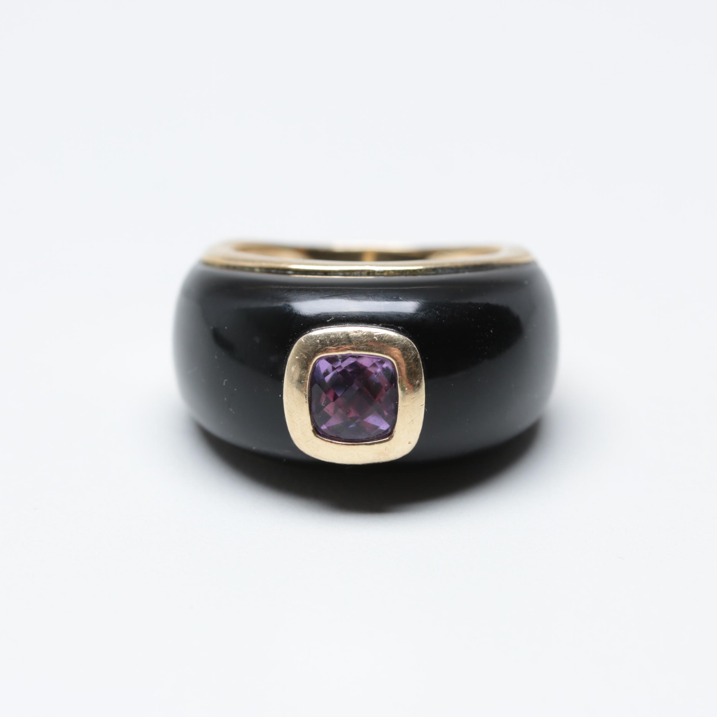 14K Yellow Gold Amethyst and Black Onyx Ring
