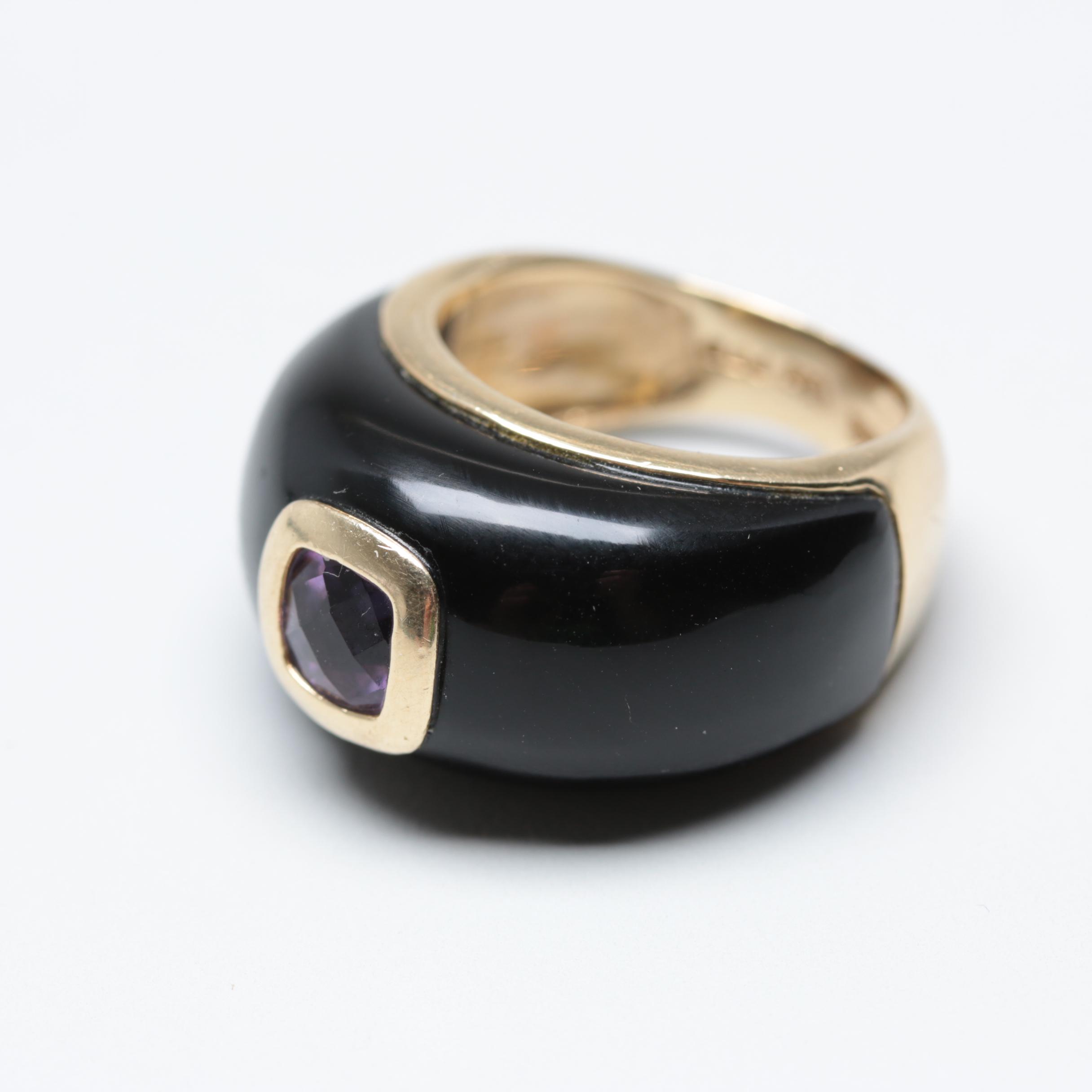 14K Yellow Gold Amethyst and Black Onyx Ring