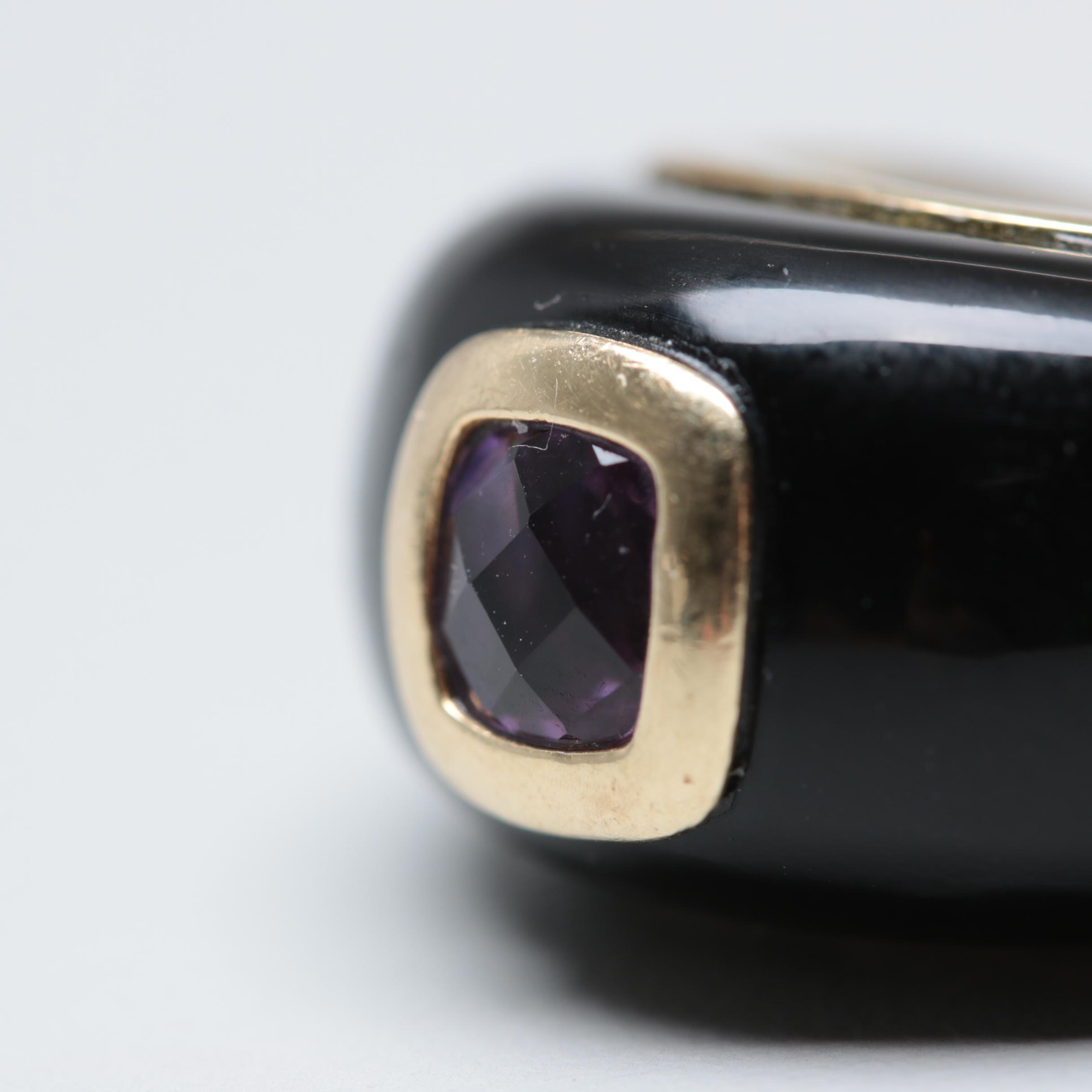14K Yellow Gold Amethyst and Black Onyx Ring