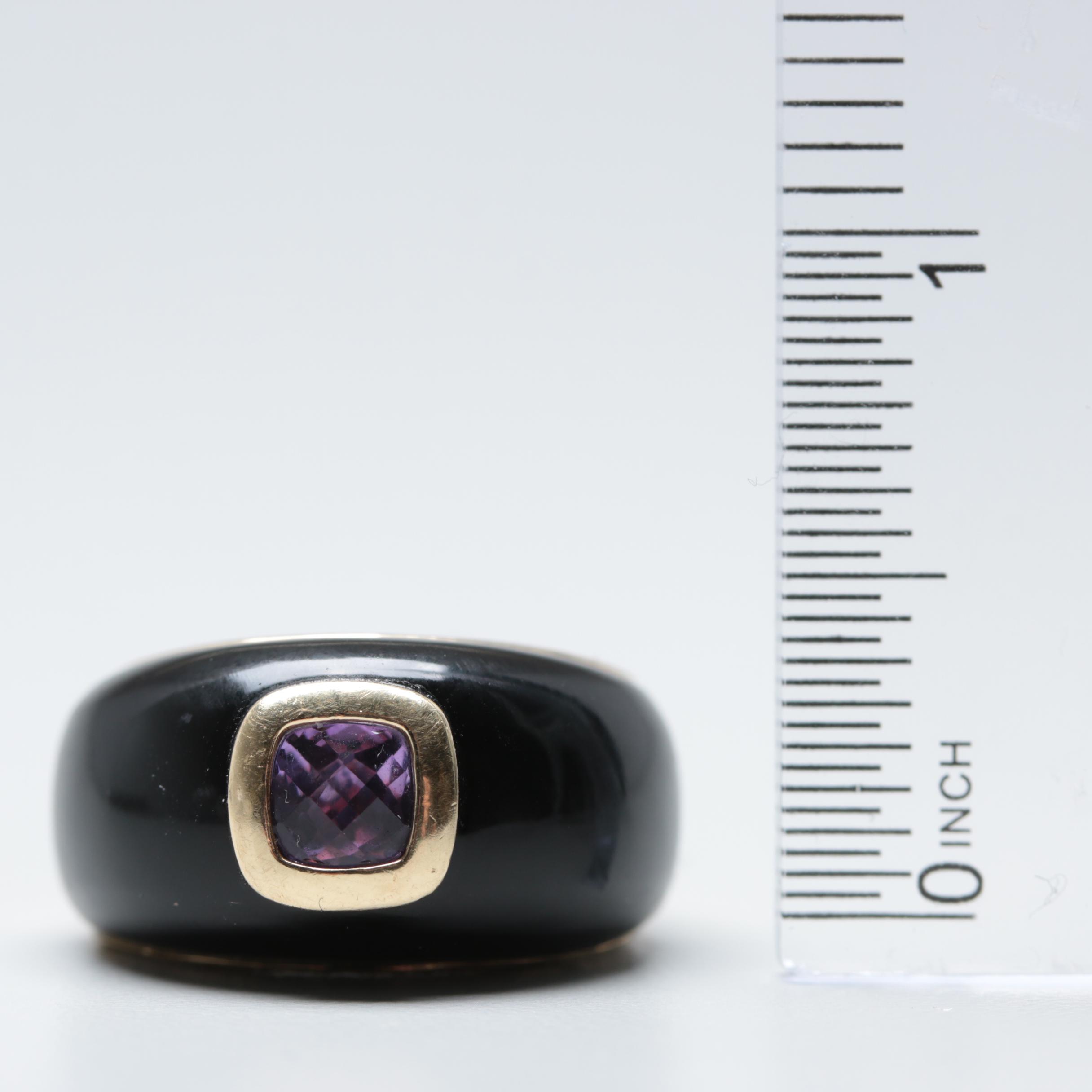 14K Yellow Gold Amethyst and Black Onyx Ring