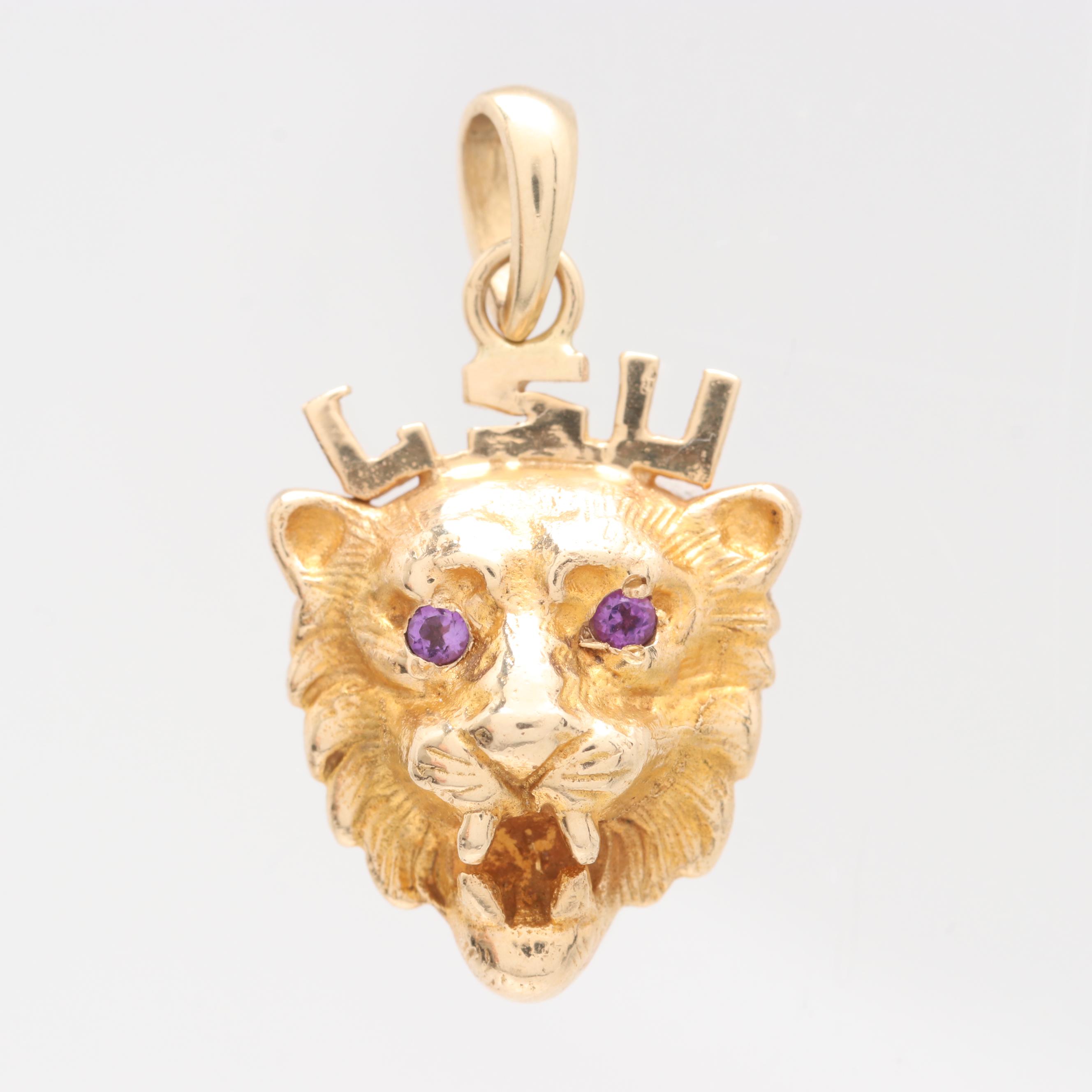 14K Yellow Gold Amethyst LSU Lion Pendant