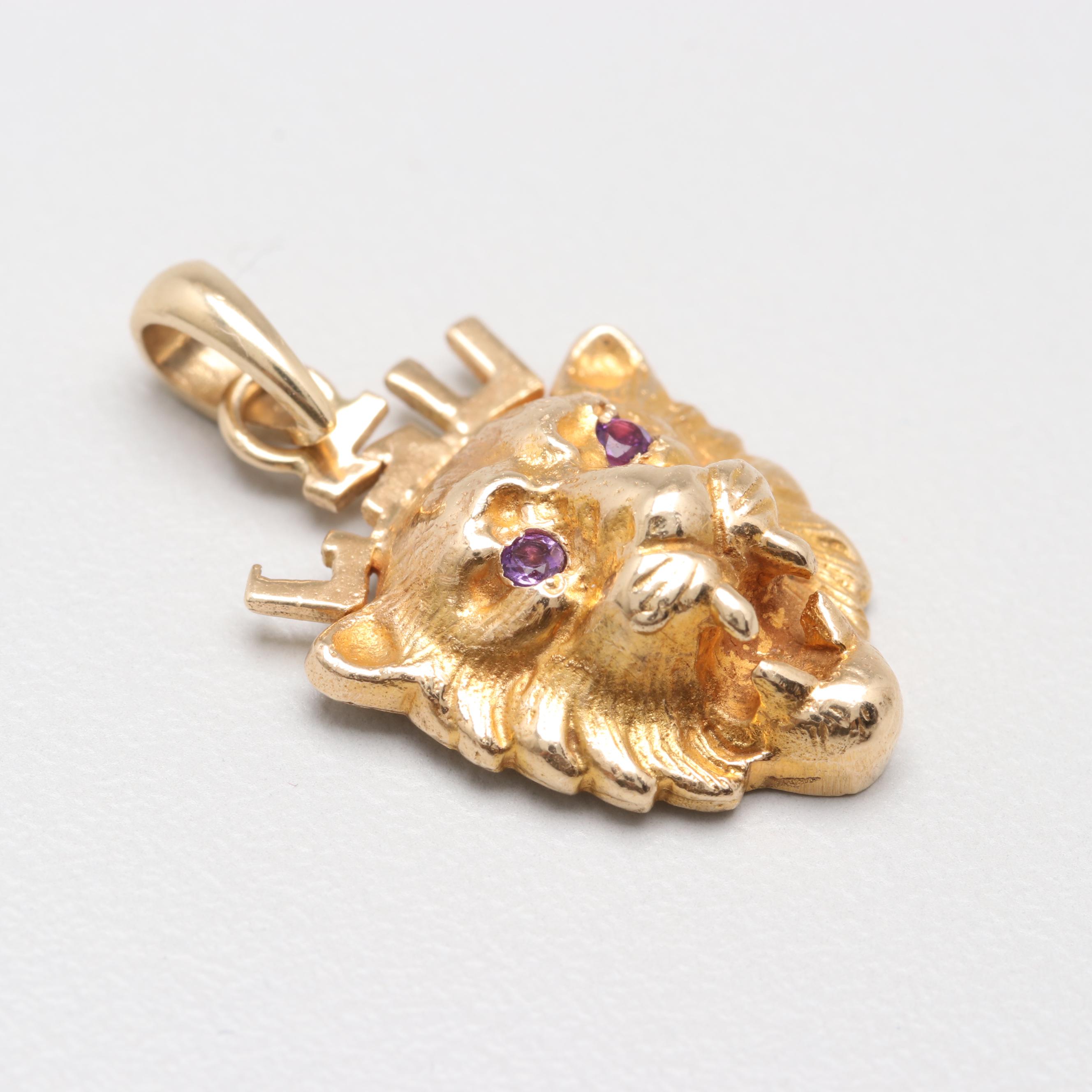 14K Yellow Gold Amethyst LSU Lion Pendant