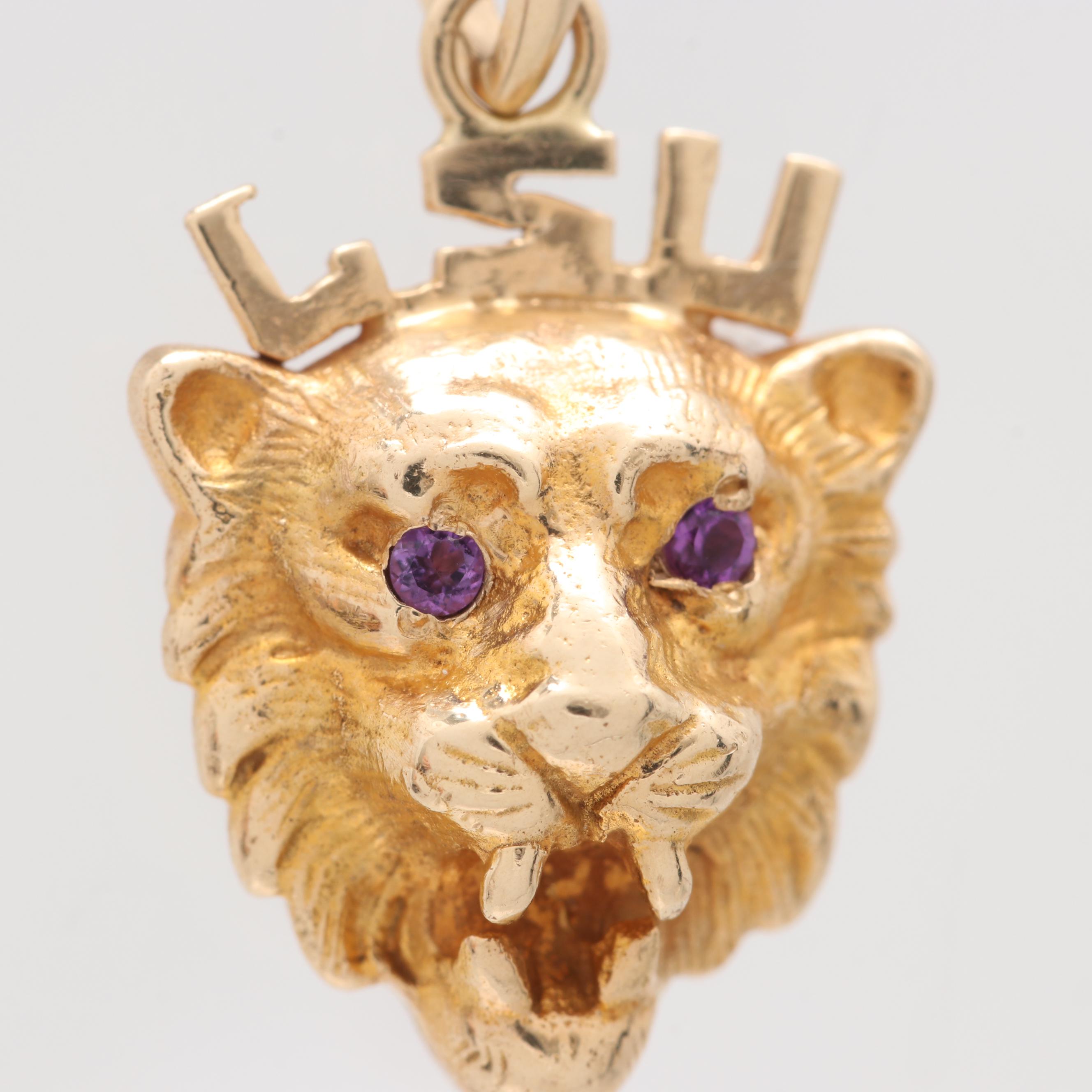 14K Yellow Gold Amethyst LSU Lion Pendant