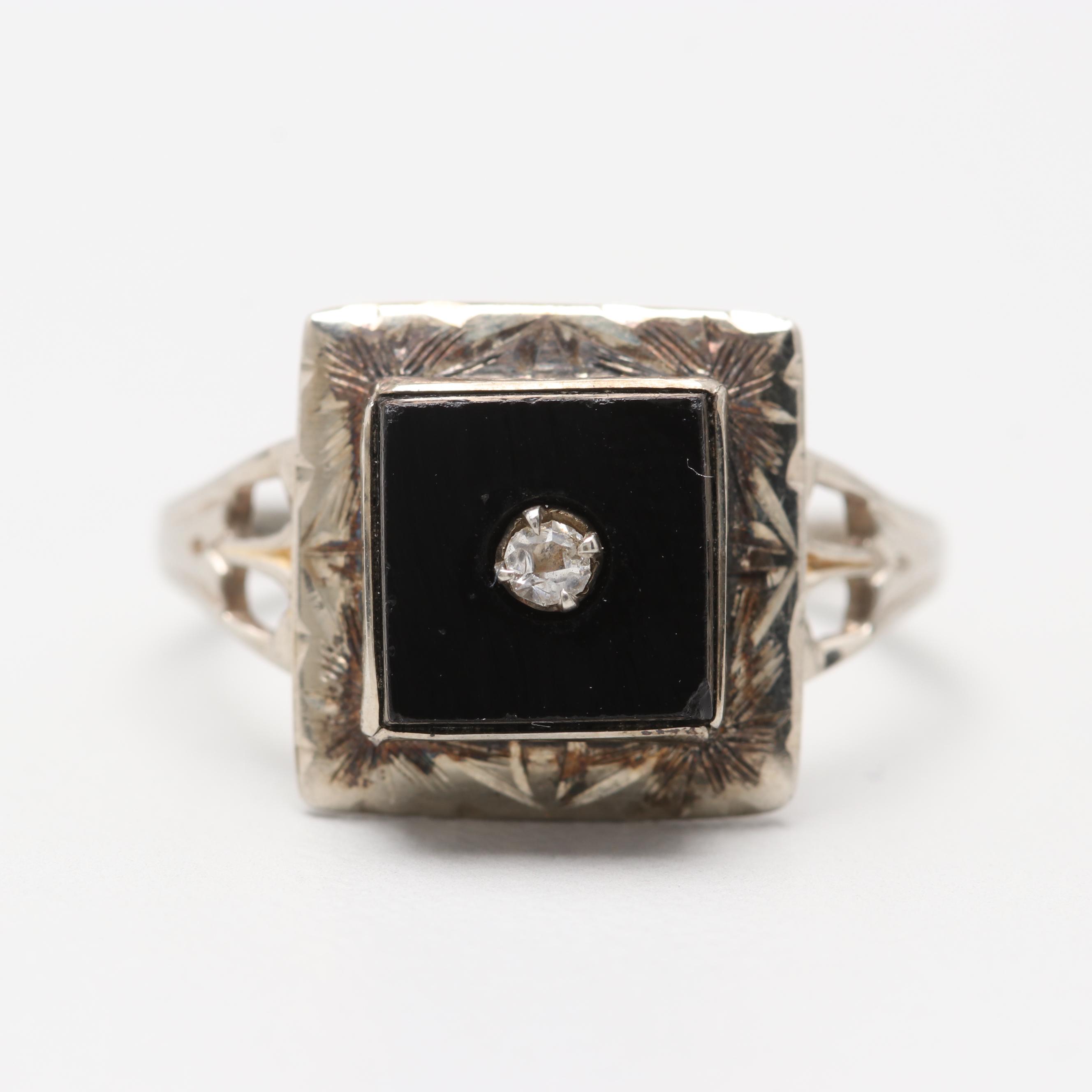 Edwardian 10K White Gold Black Onyx and Glass Crystal Ring