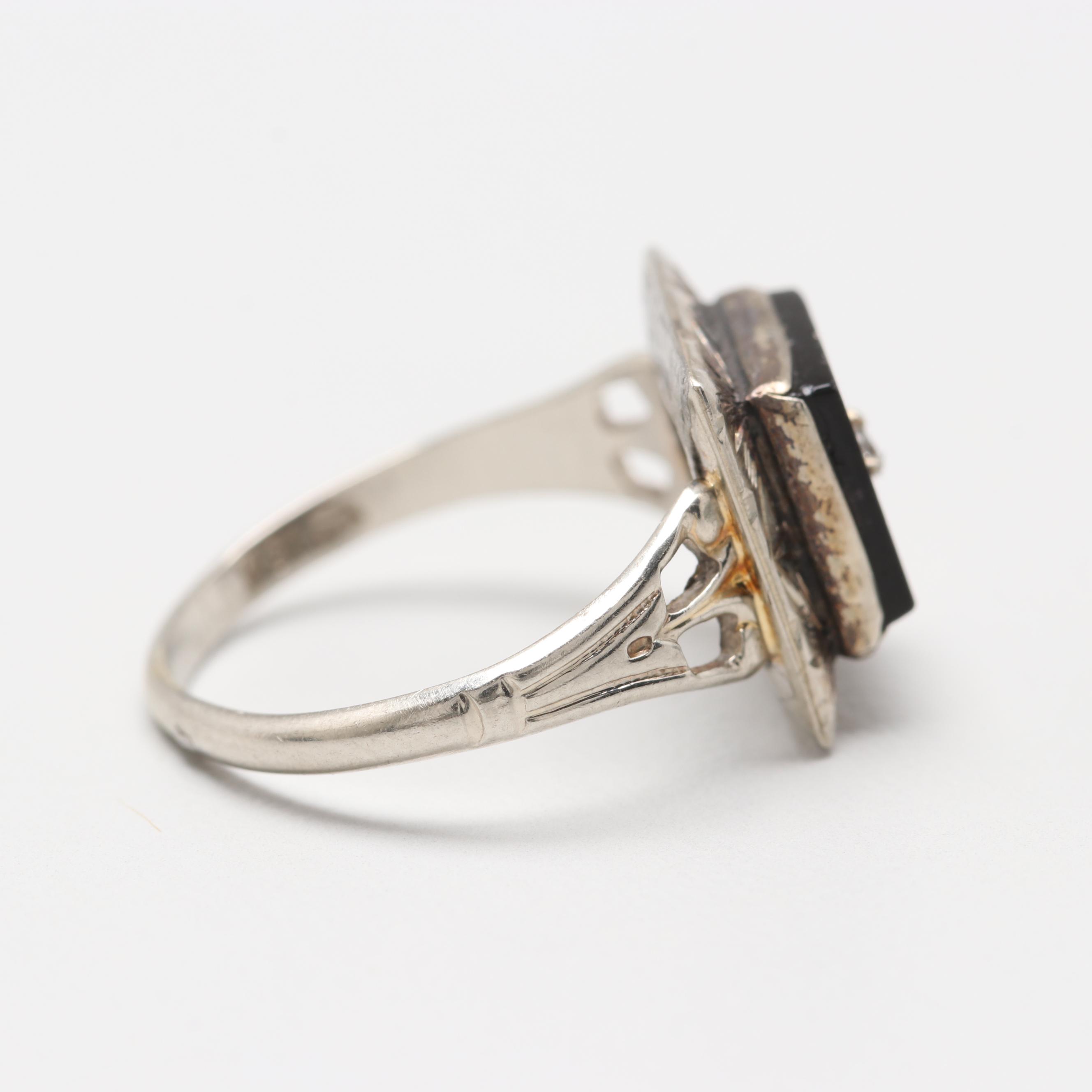 Edwardian 10K White Gold Black Onyx and Glass Crystal Ring