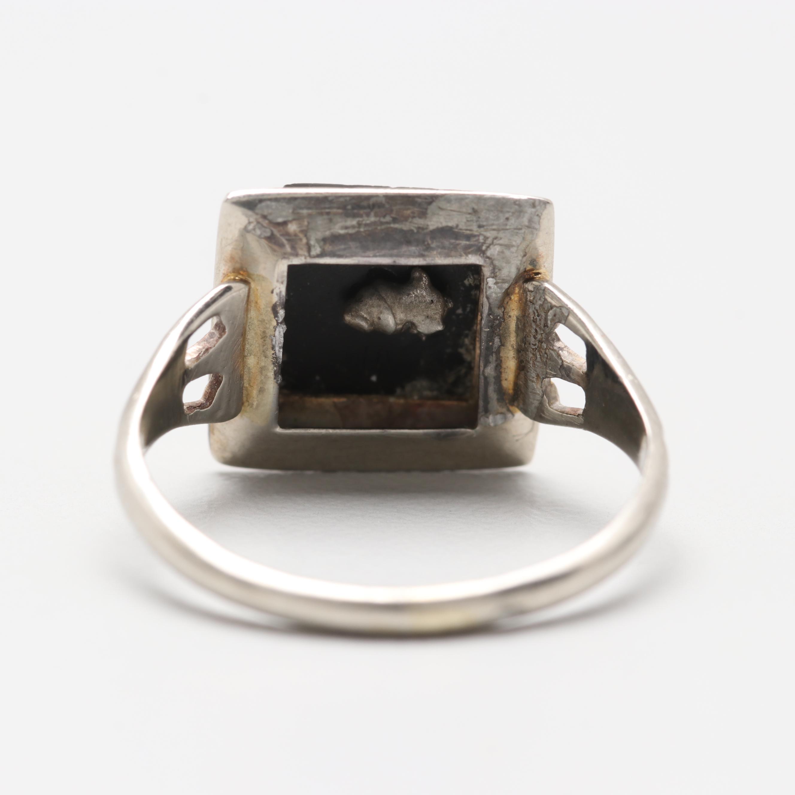 Edwardian 10K White Gold Black Onyx and Glass Crystal Ring