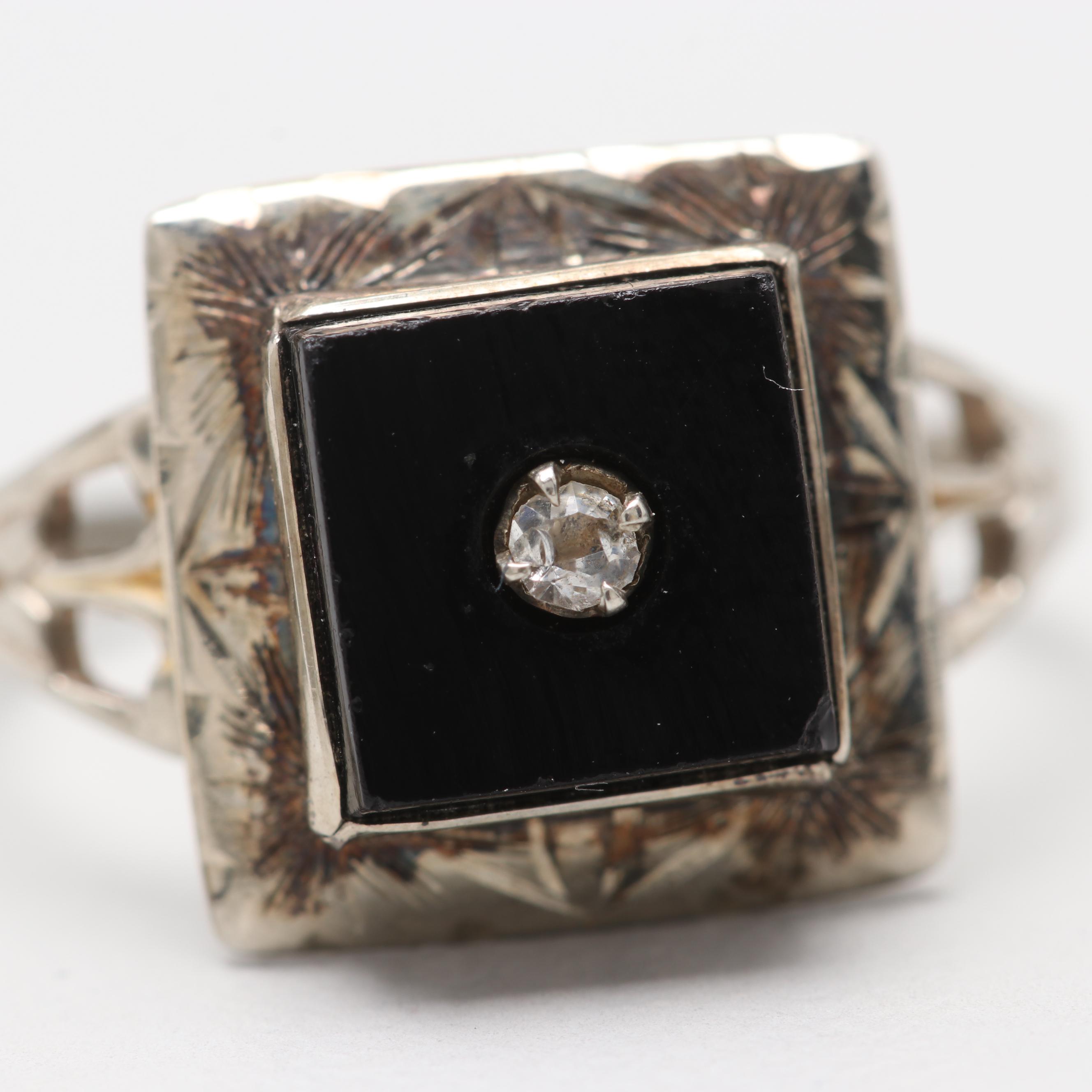 Edwardian 10K White Gold Black Onyx and Glass Crystal Ring