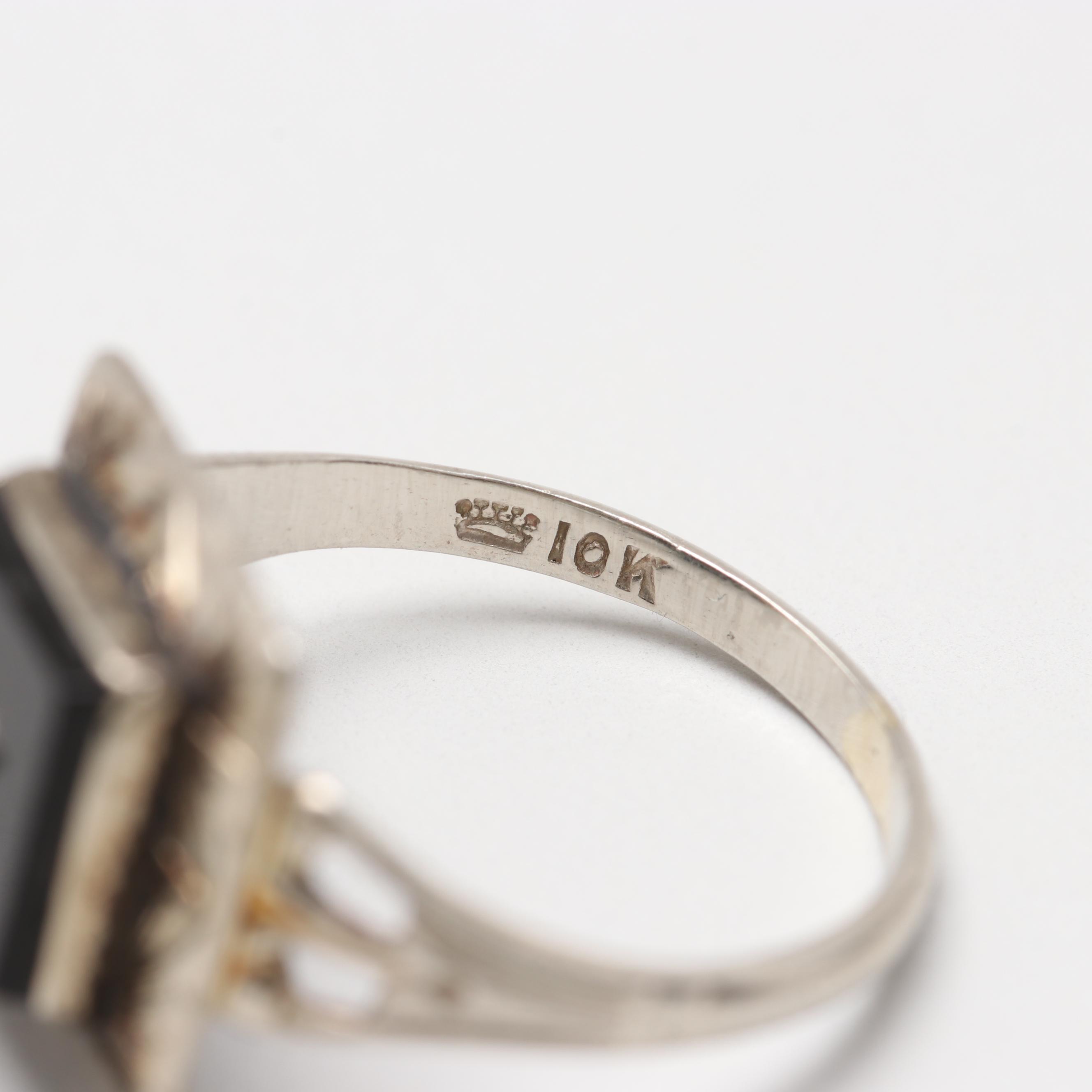 Edwardian 10K White Gold Black Onyx and Glass Crystal Ring