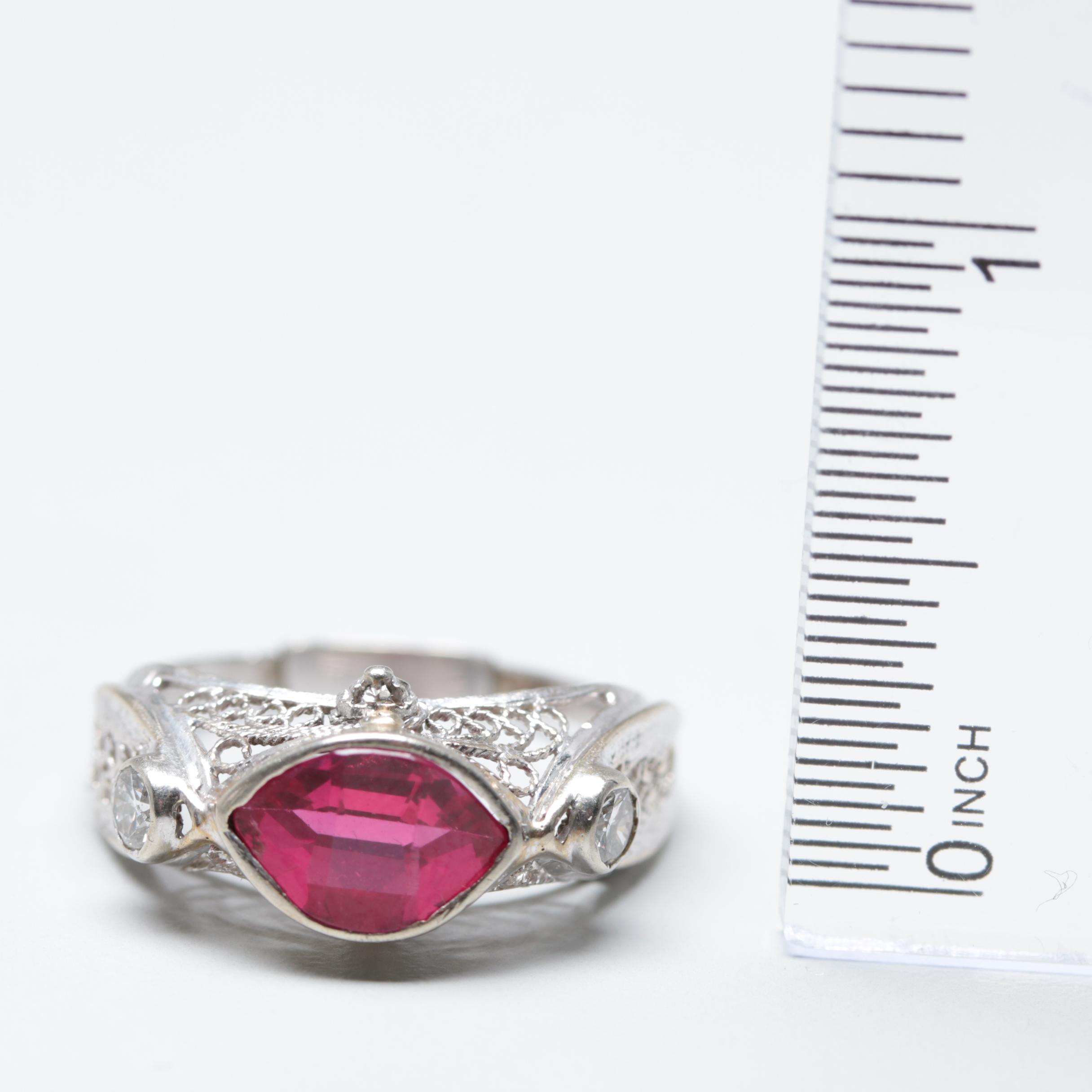 14K White Gold Synthetic Ruby and Diamond Ring