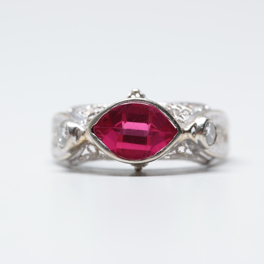 14K White Gold Synthetic Ruby and Diamond Ring