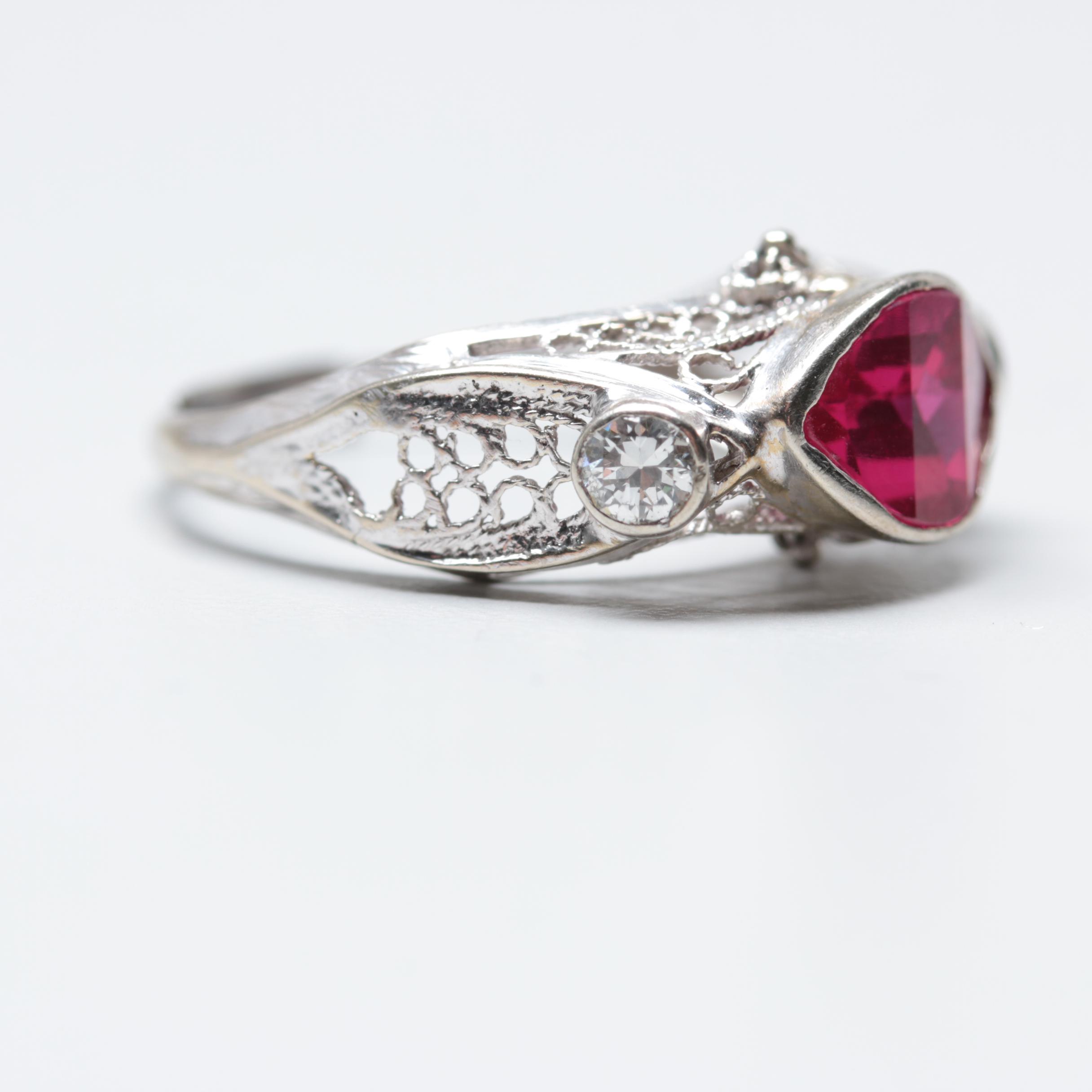 14K White Gold Synthetic Ruby and Diamond Ring