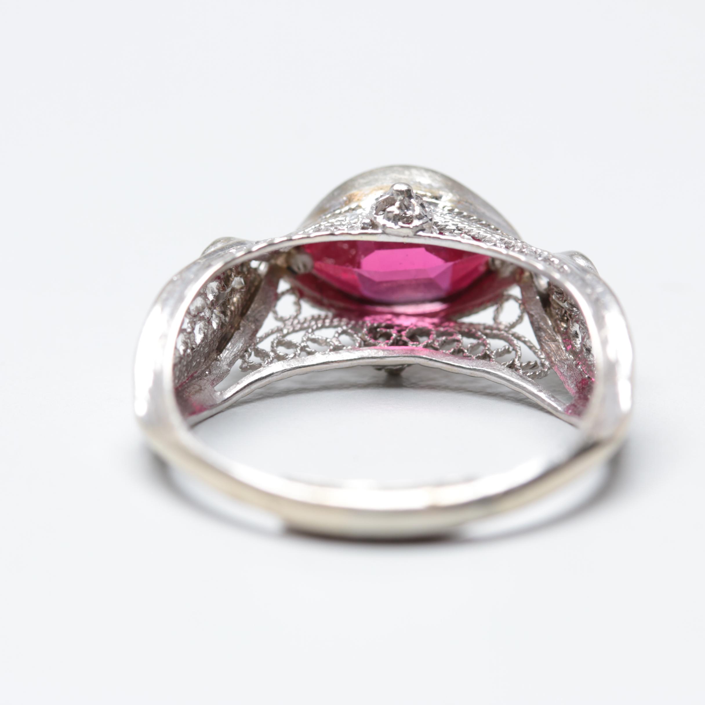 14K White Gold Synthetic Ruby and Diamond Ring