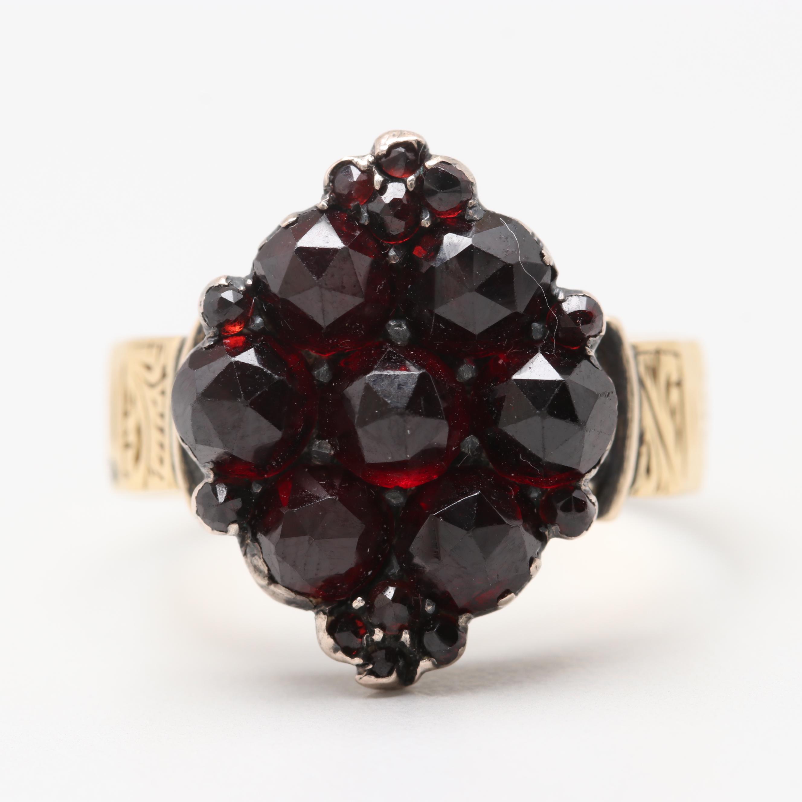 Victorian Circa 1874 18K Yellow Gold Garnet Ring with 800 Gold Accents
