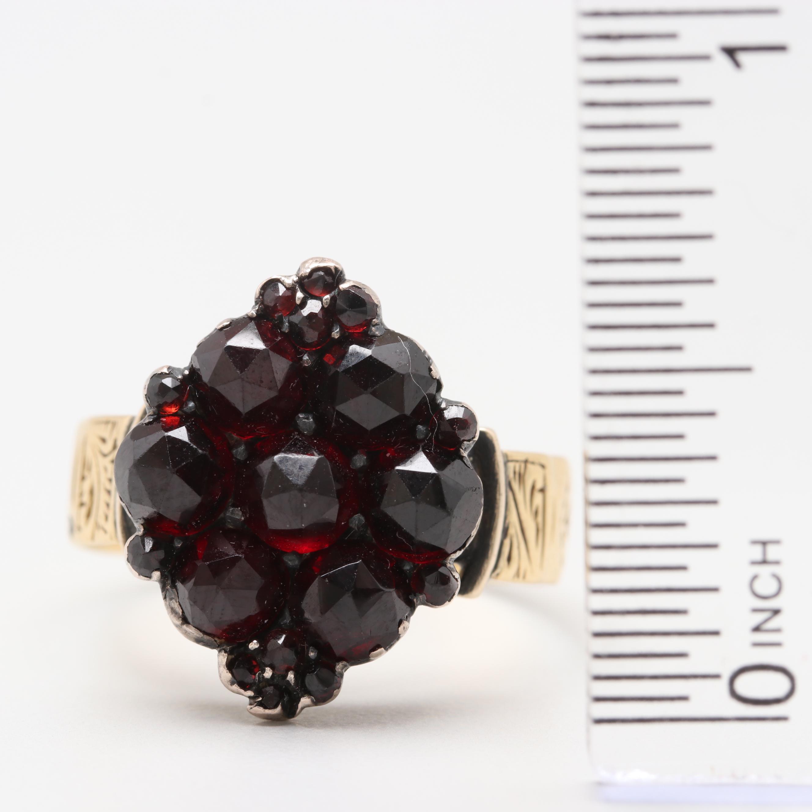 Victorian Circa 1874 18K Yellow Gold Garnet Ring with 800 Gold Accents
