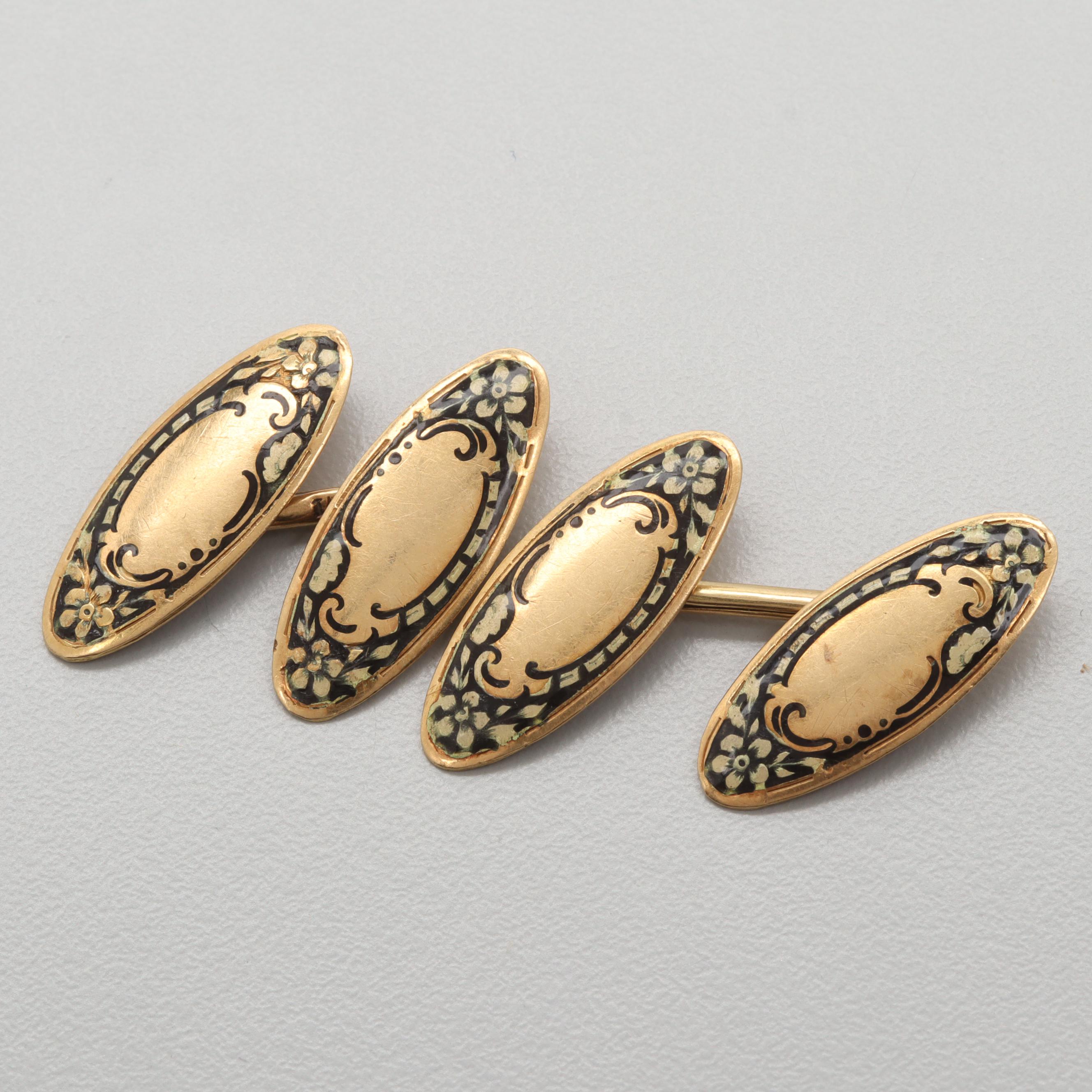 Art Nouveau 18K Yellow Gold Enamel Cufflinks