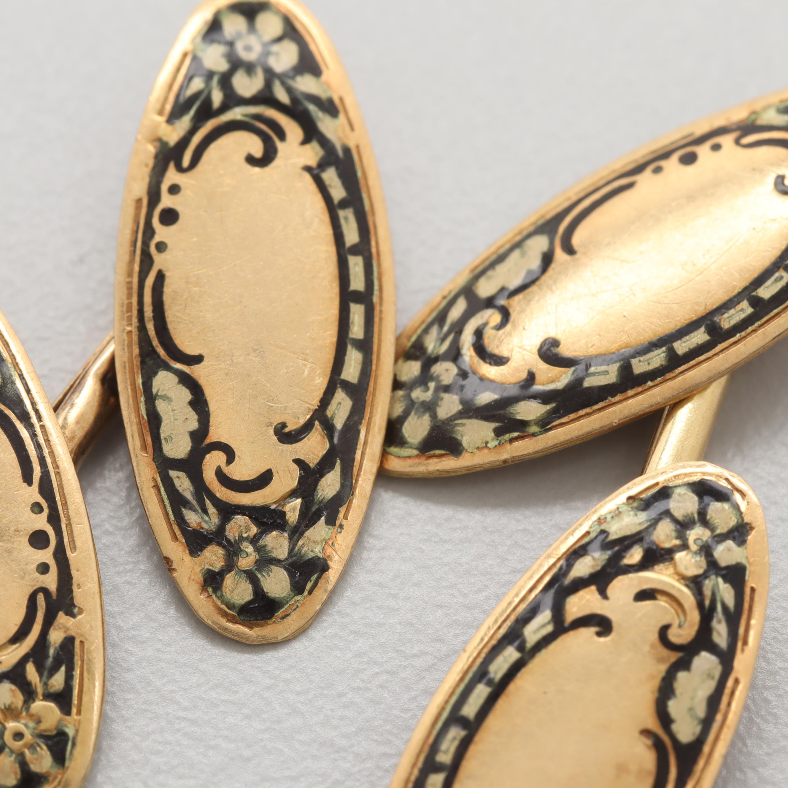 Art Nouveau 18K Yellow Gold Enamel Cufflinks
