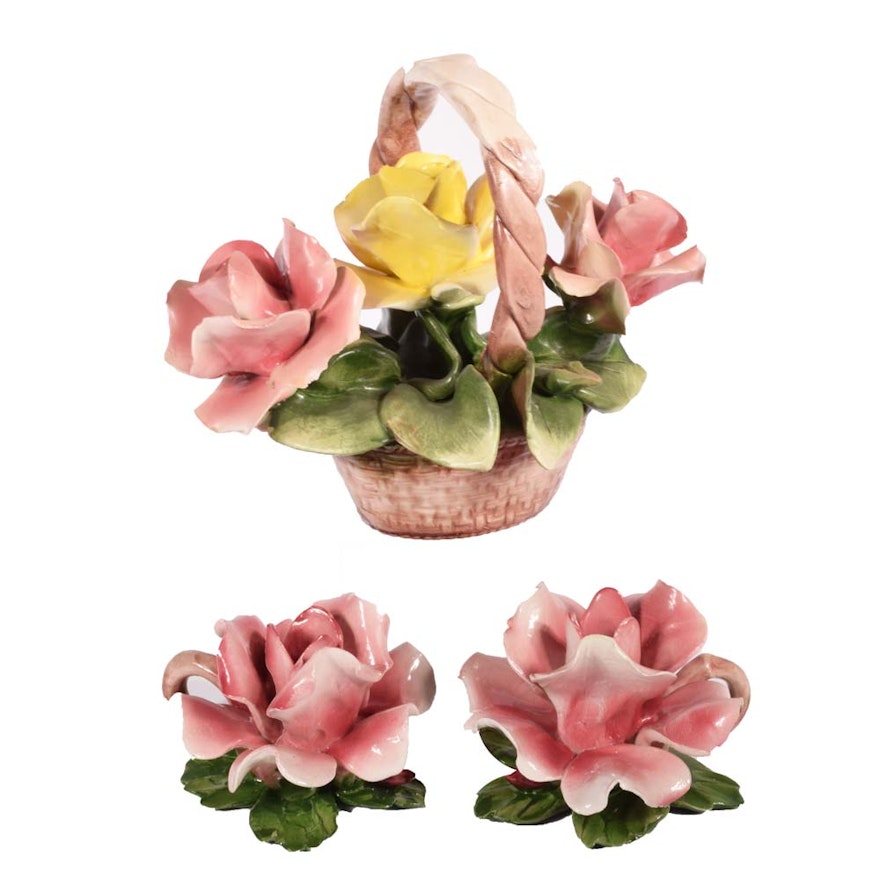 Giuseppe Armani Capodimonte Rose Basket Figurine and Candle Holders