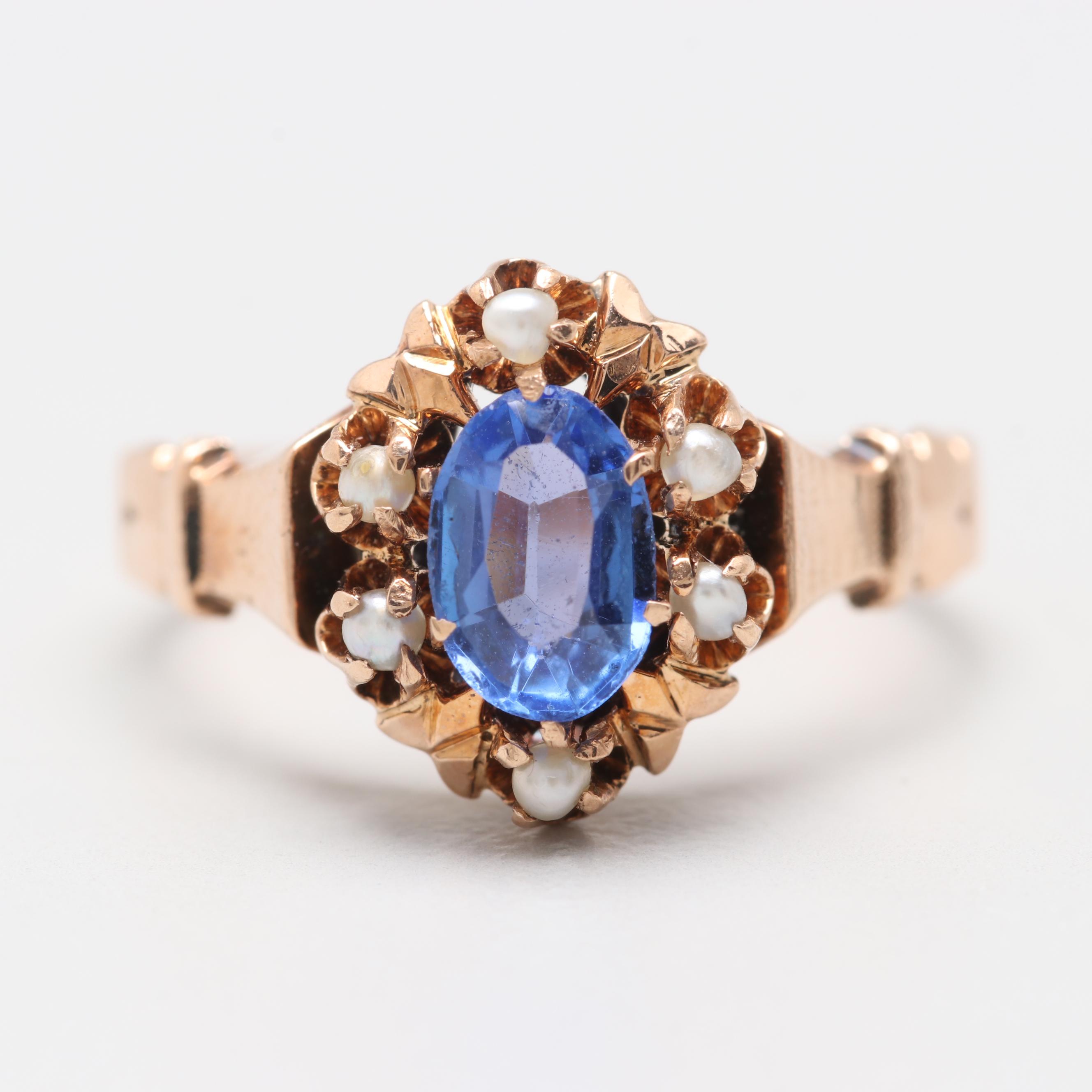 Vintage 10K Yellow Gold Garnet and Glass Double and Seed Pearl Ring