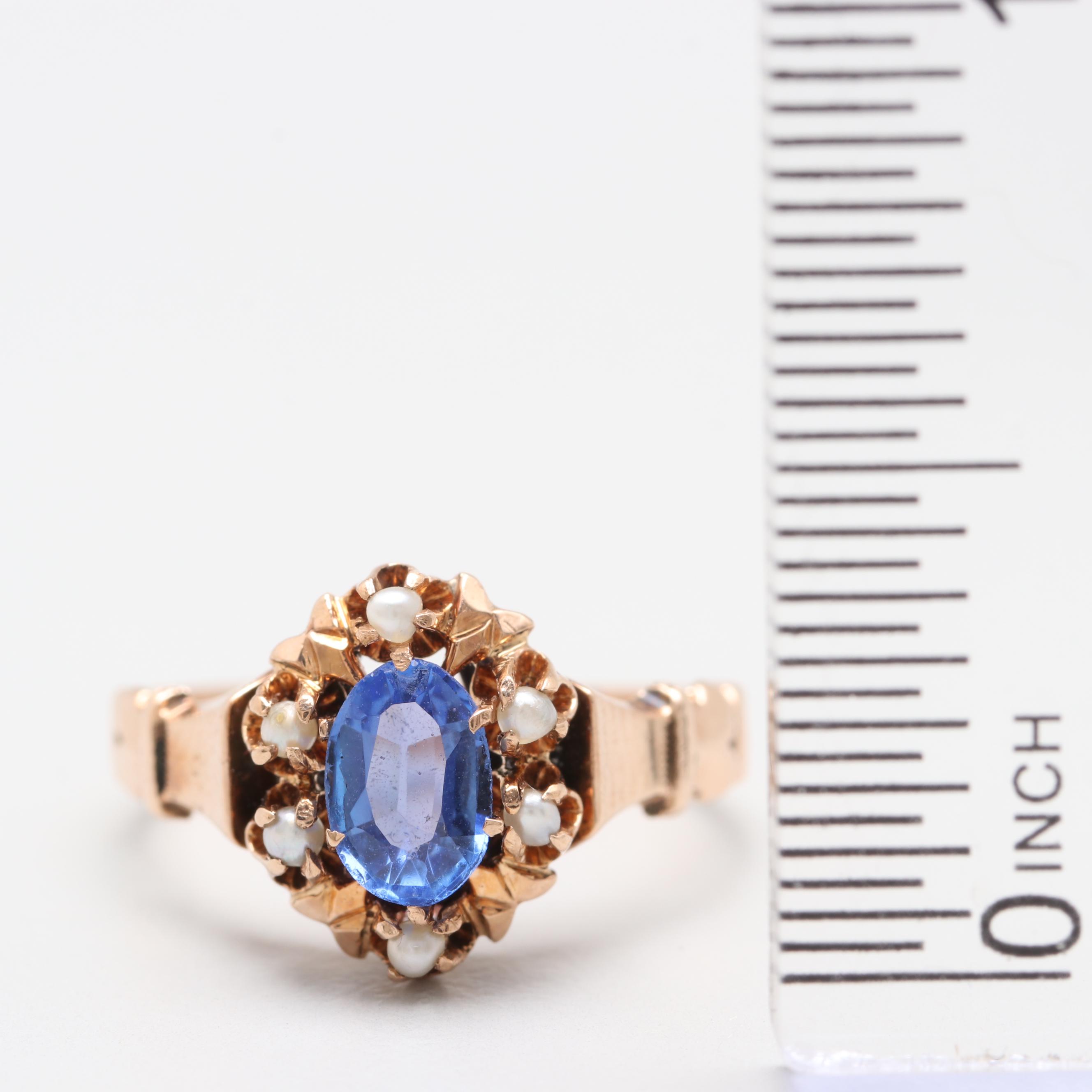 Vintage 10K Yellow Gold Garnet and Glass Double and Seed Pearl Ring