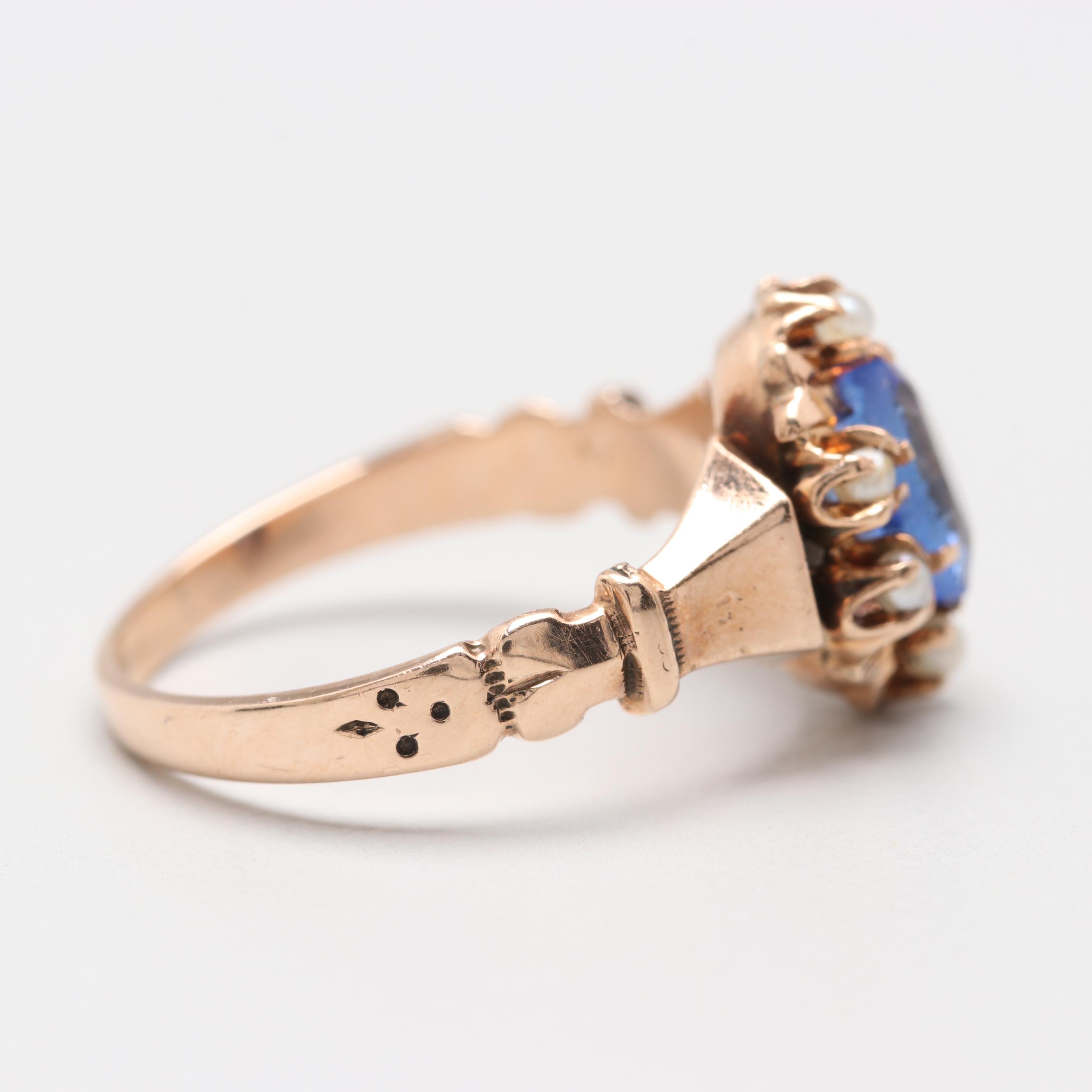 Vintage 10K Yellow Gold Garnet and Glass Double and Seed Pearl Ring