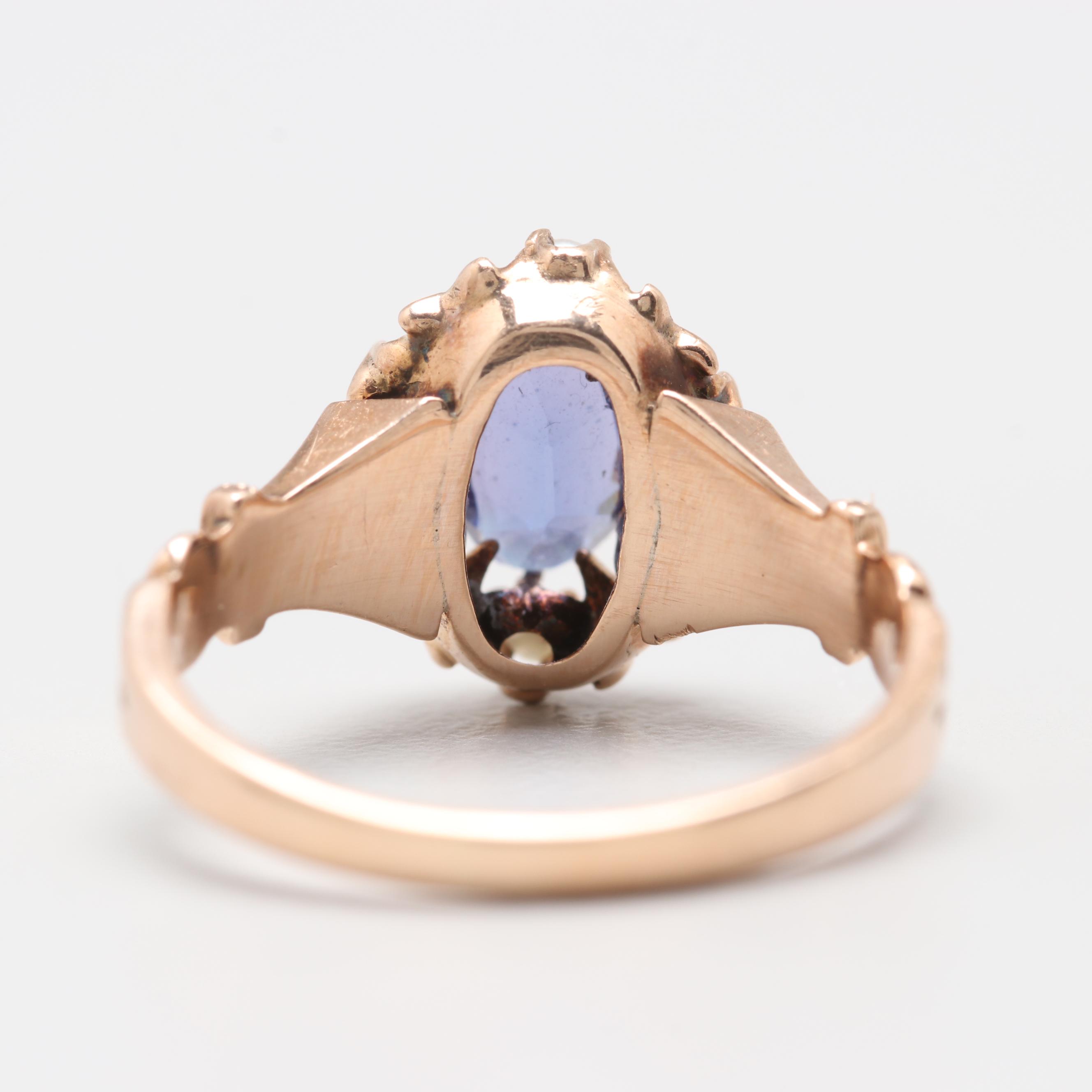 Vintage 10K Yellow Gold Garnet and Glass Double and Seed Pearl Ring