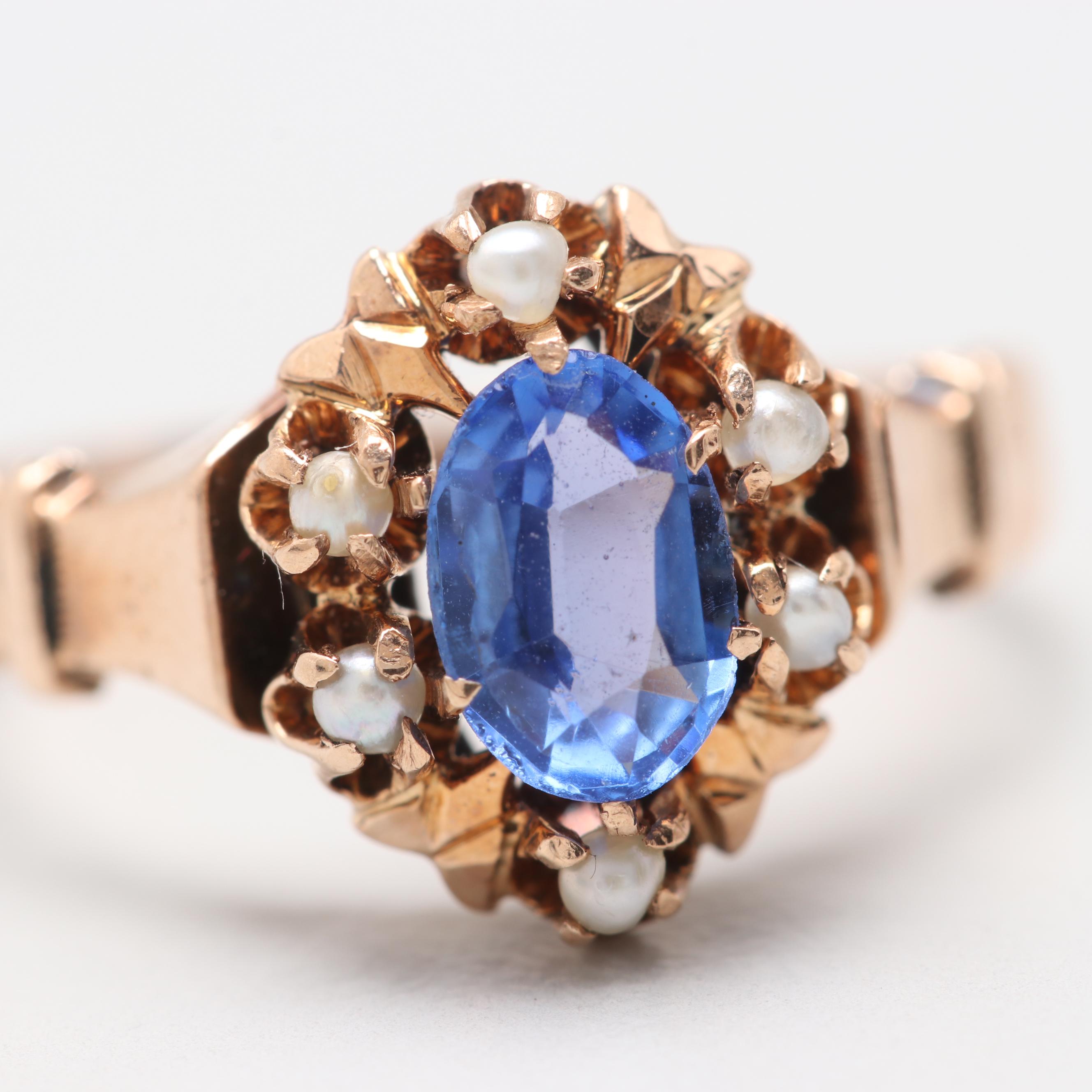 Vintage 10K Yellow Gold Garnet and Glass Double and Seed Pearl Ring